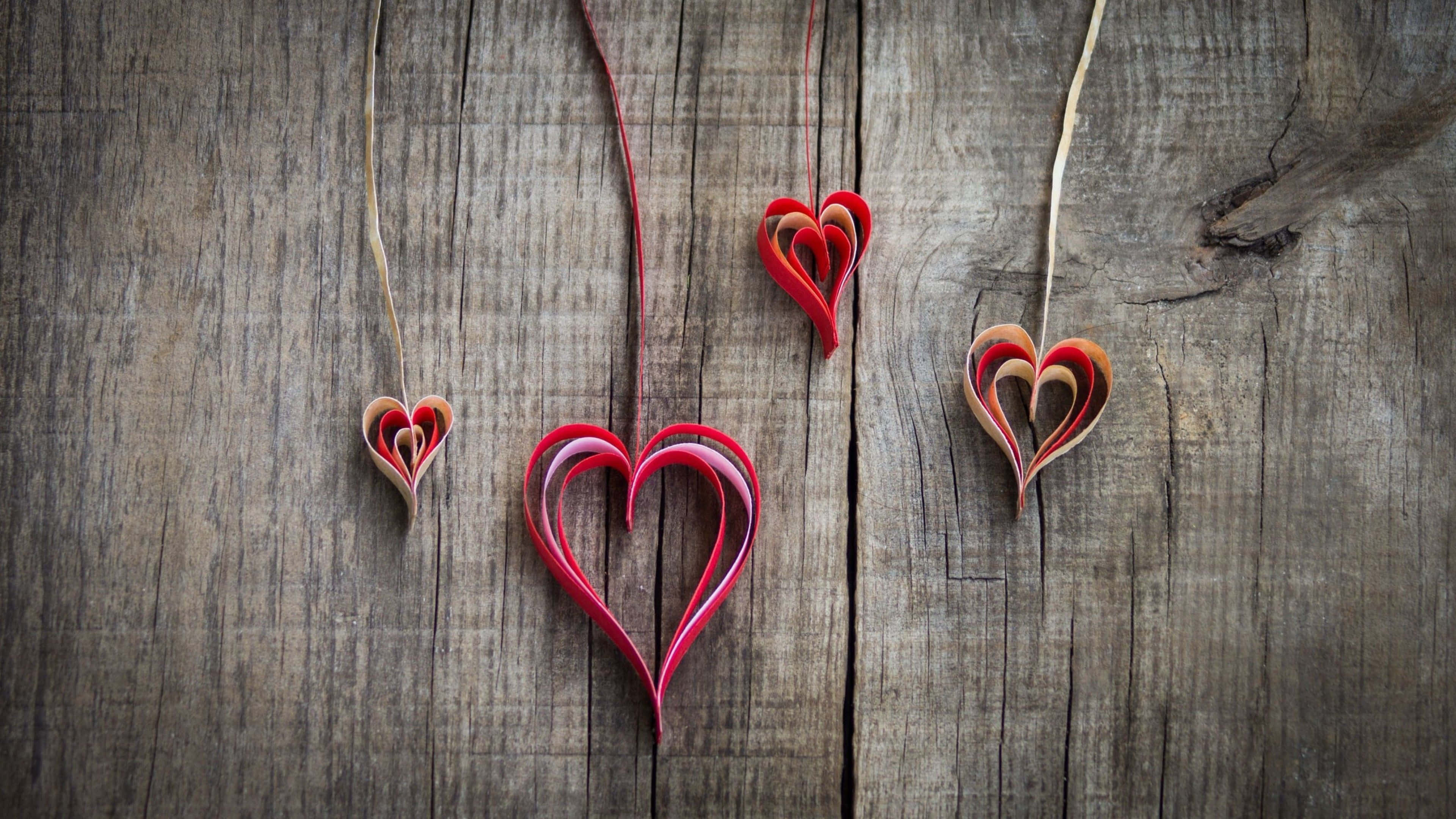 Rustic Valentine Day, paper hearts, red, 4K Desktop Wallpaper