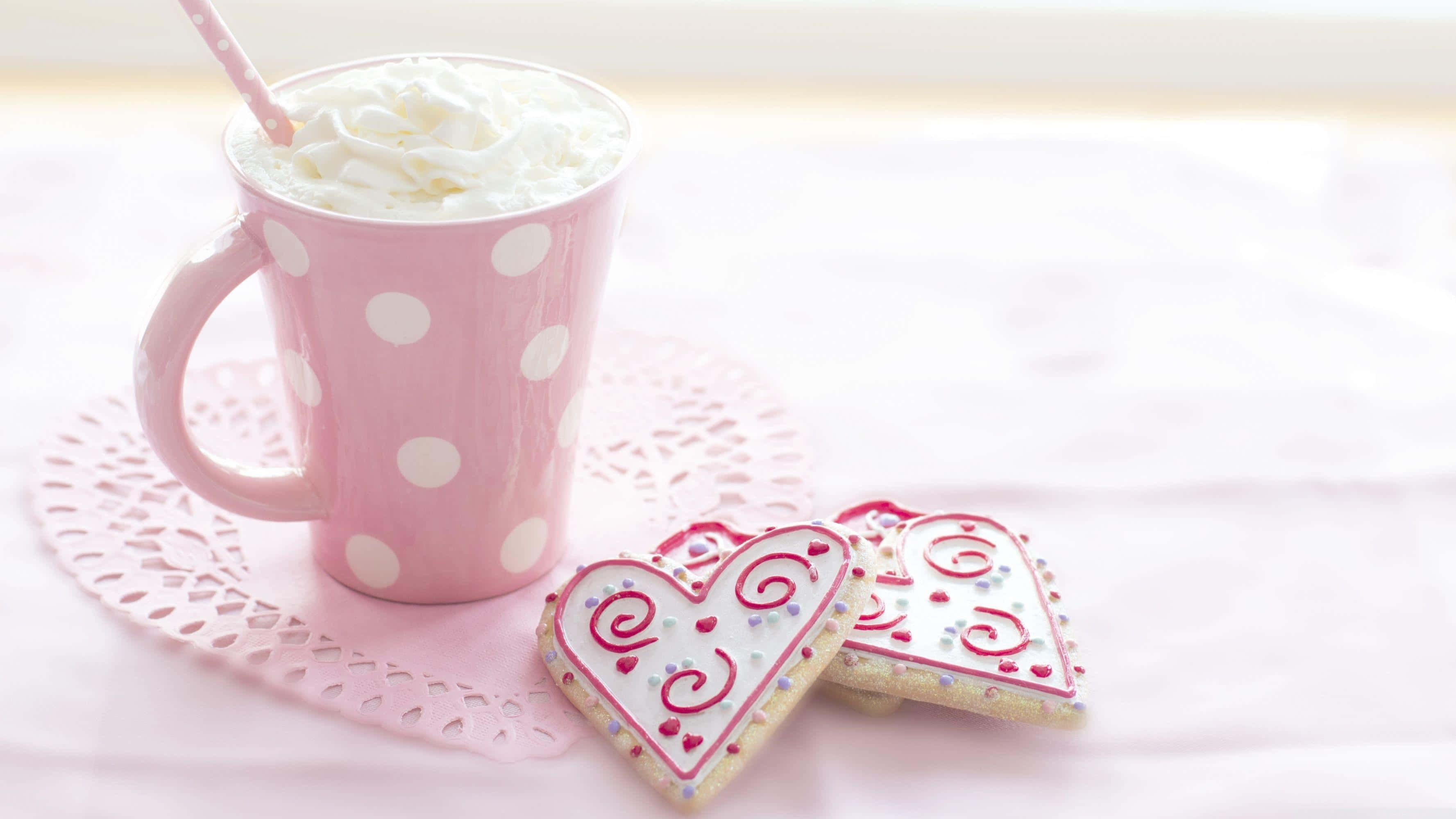 pink polka dot mug, whipped cream, pink straw, 2K Desktop Wallpaper