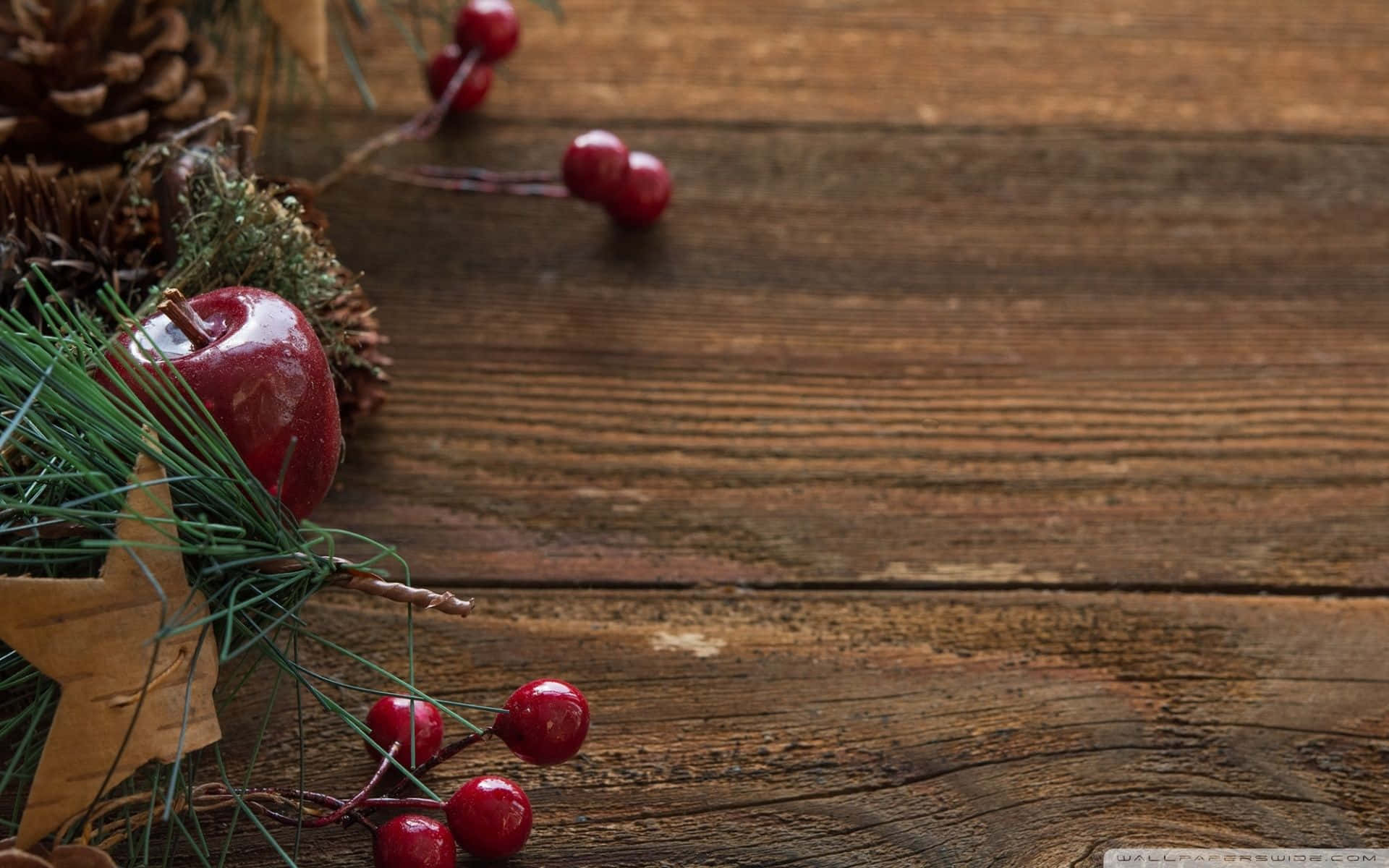 rustic wooden table, pinecones, red berries, Full HD Desktop Wallpaper