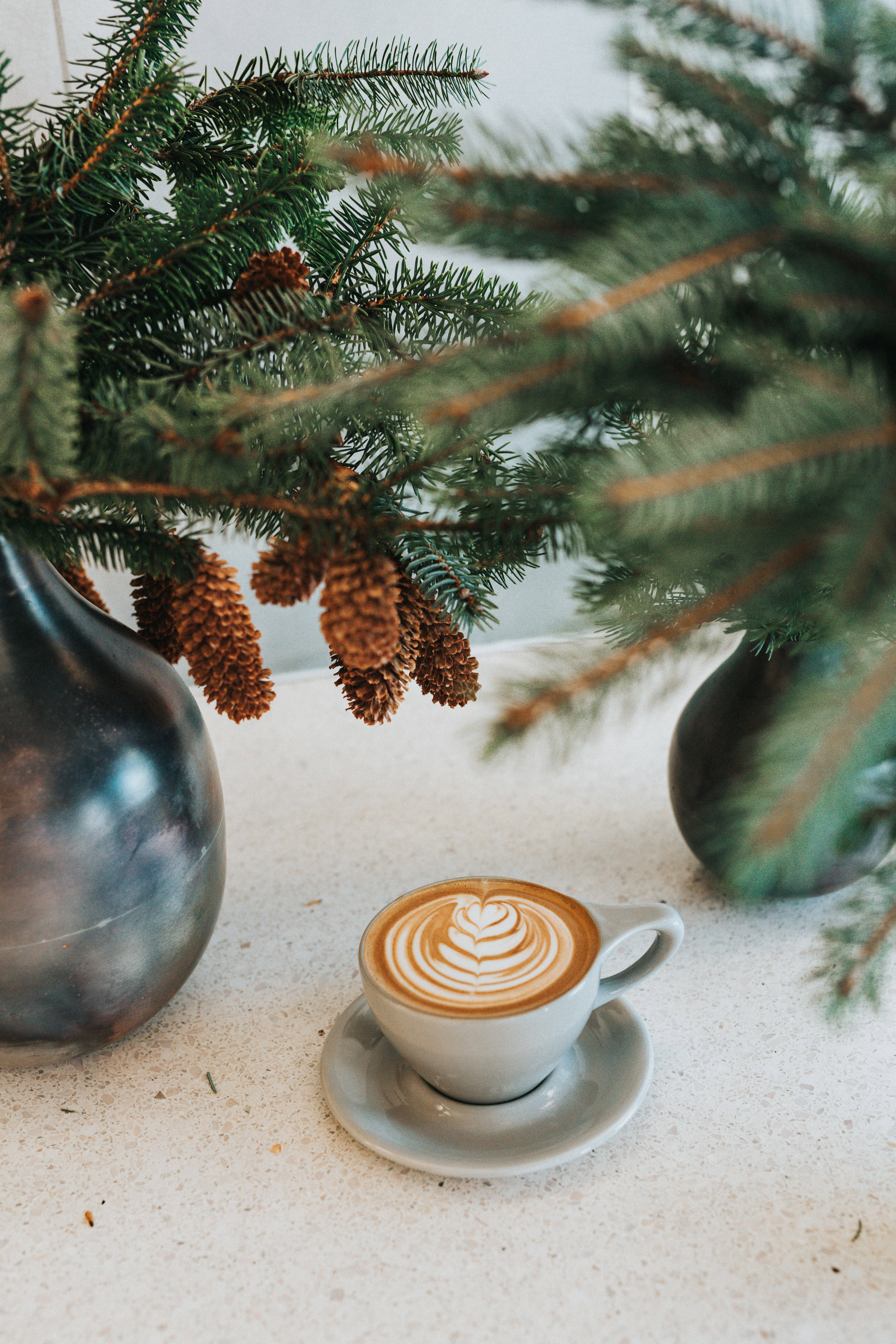 Rustic Christmas Coffee Mug, latte with heart latte art, pine branches, 5K Phone Wallpaper