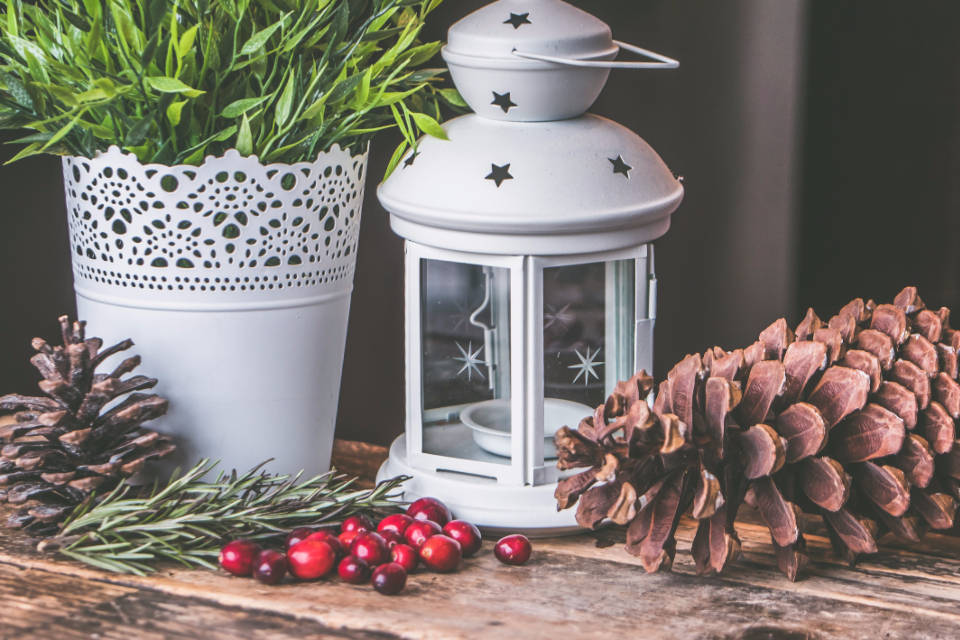 rustic Christmas lamp, wooden table, white lantern, SD Desktop Wallpaper