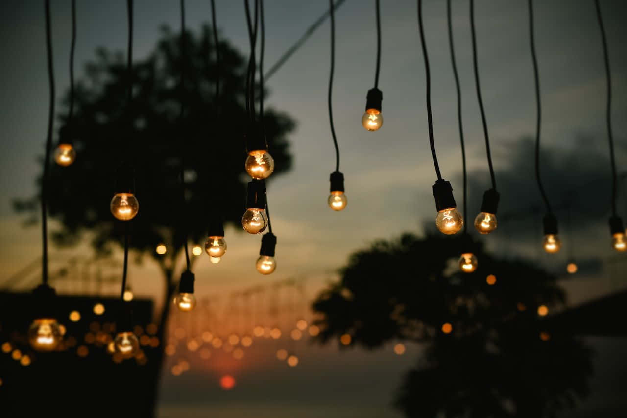 Rustic, warm glowing string lights, dusky sky, HD Desktop Wallpaper