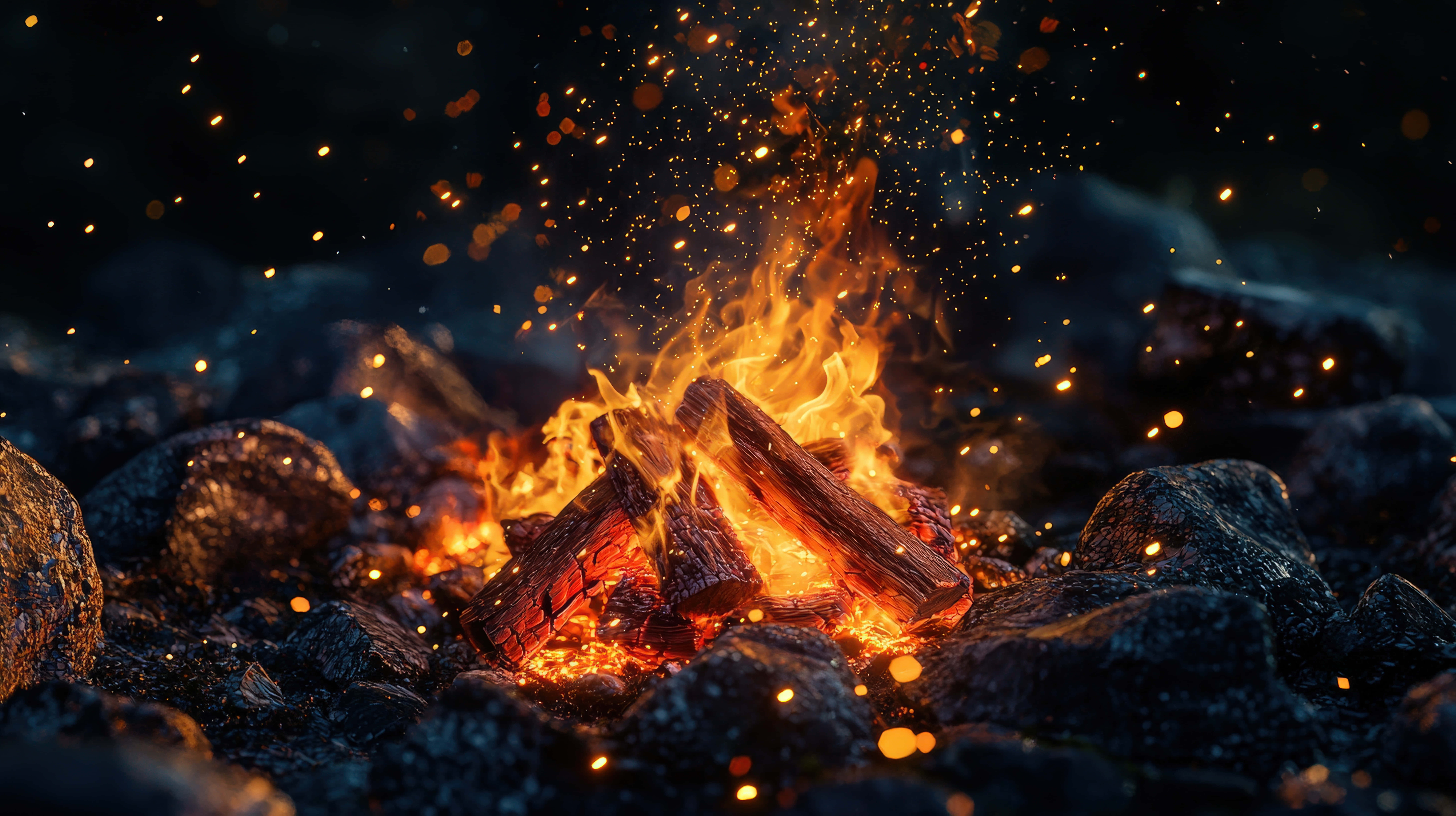 campfire, night, logs, 8K Desktop Wallpaper
