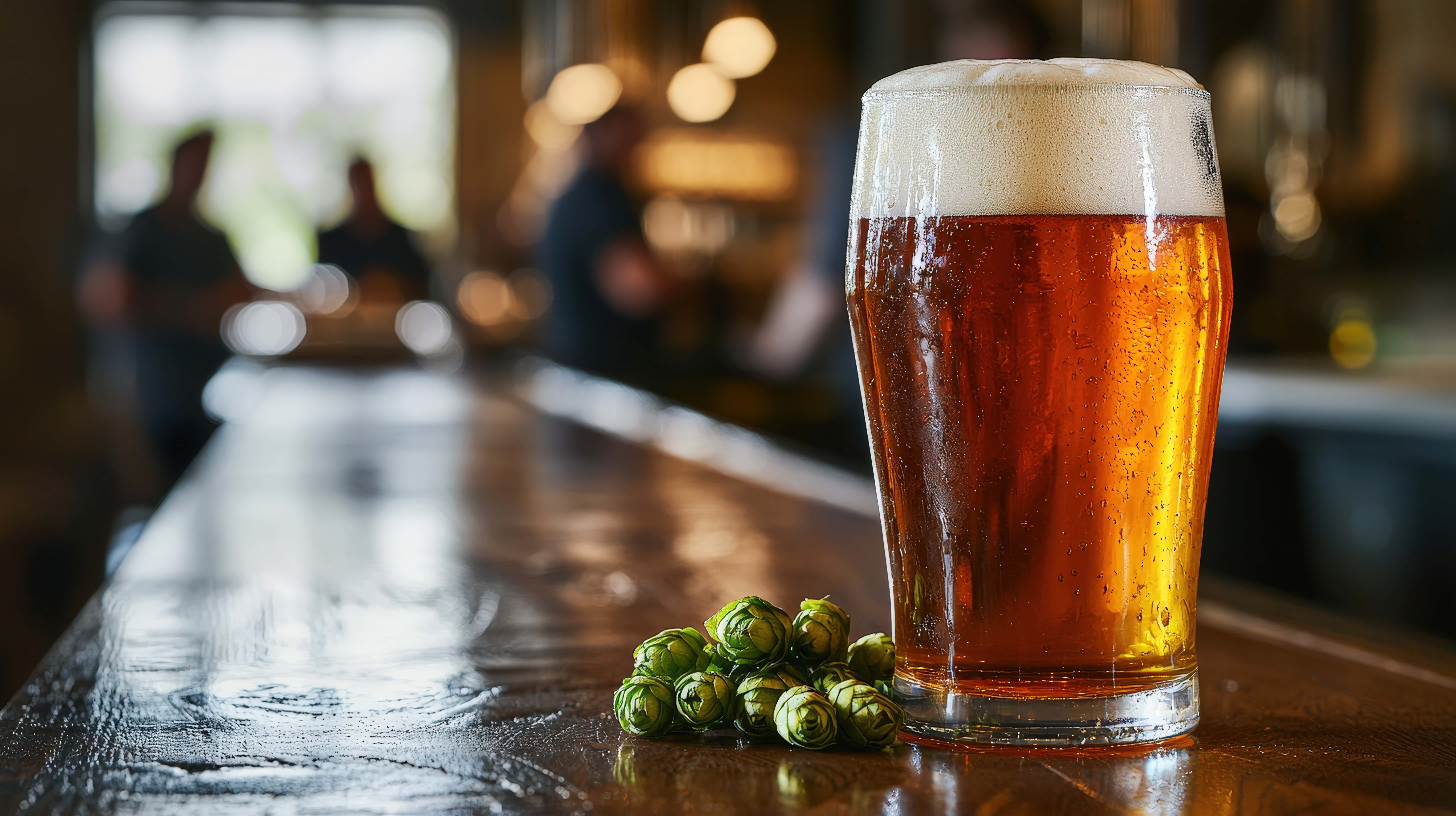 amber beer, frothy white head, polished wooden bar, 8K Desktop Wallpaper
