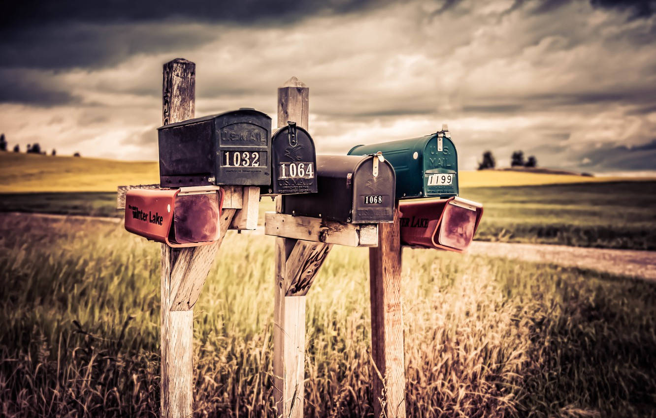 vintage rustic mailboxes, golden field, dramatic cloudy sky, HD Desktop Wallpaper
