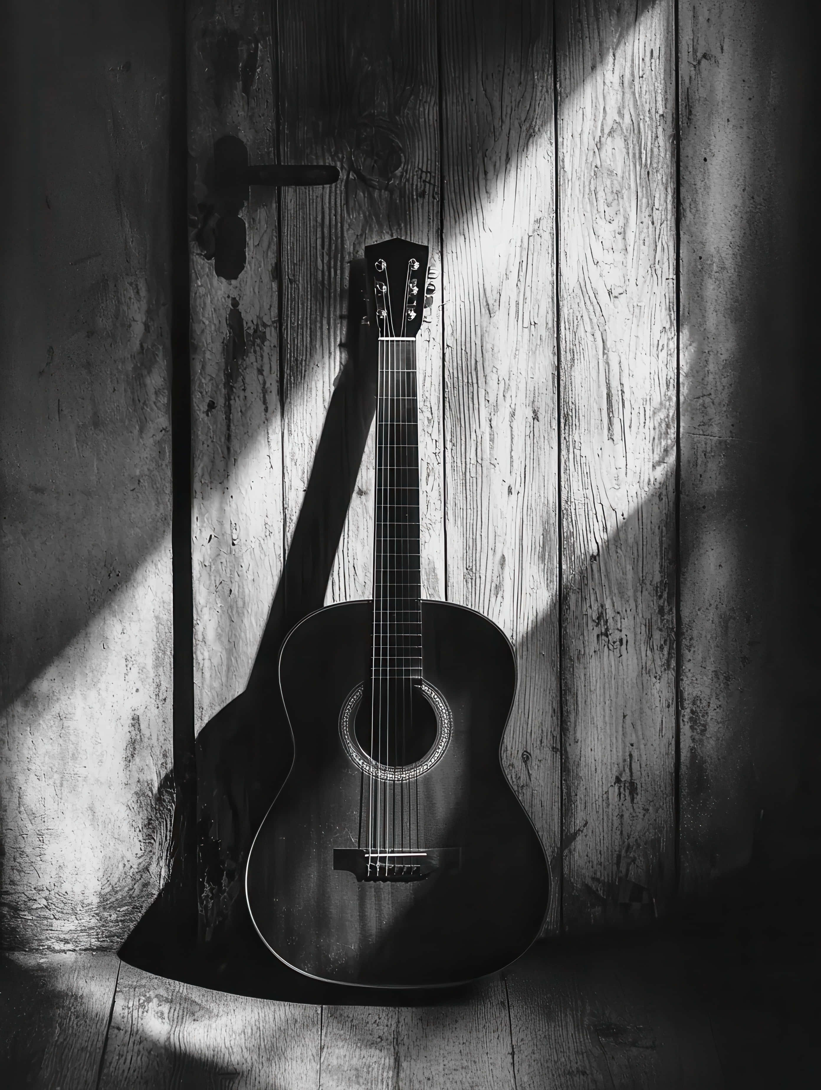 acoustic guitar, weathered wooden door, dramatic diagonal sunlight, 2K Phone Wallpaper