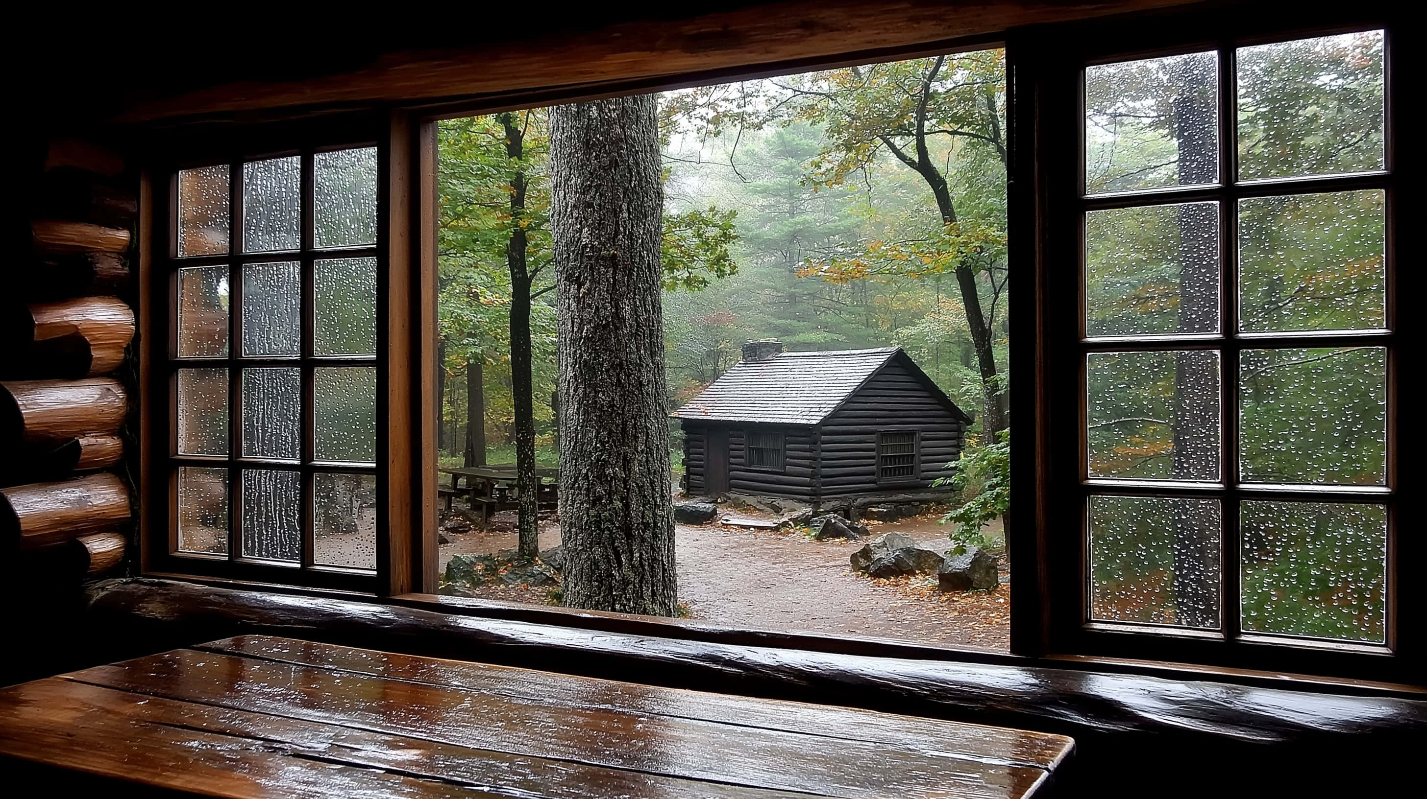 rainy cabin view, rustic window, forest lodge, 2K Desktop Wallpaper