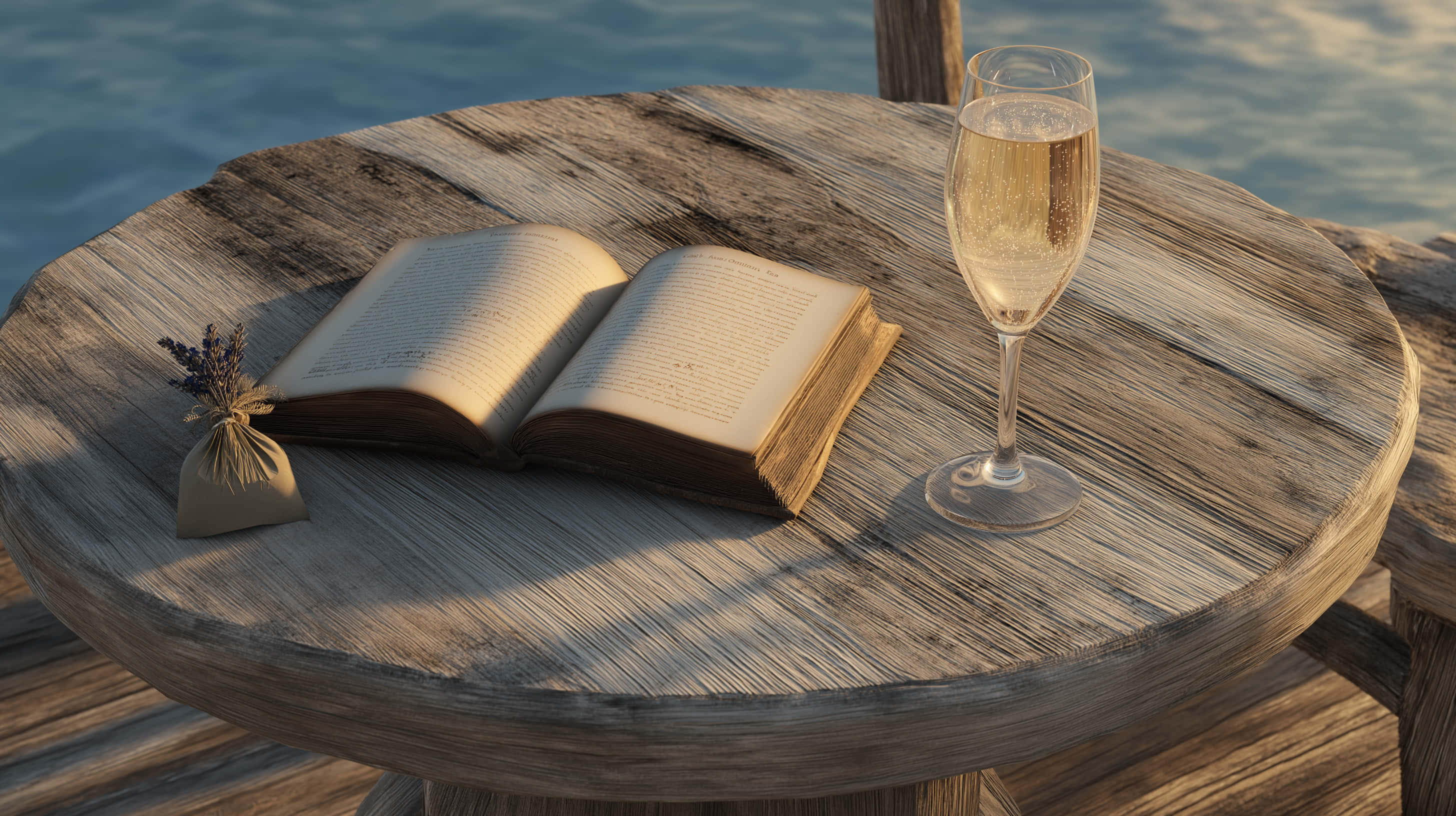 weathered wooden table, open book, champagne flute, 2K Desktop Wallpaper