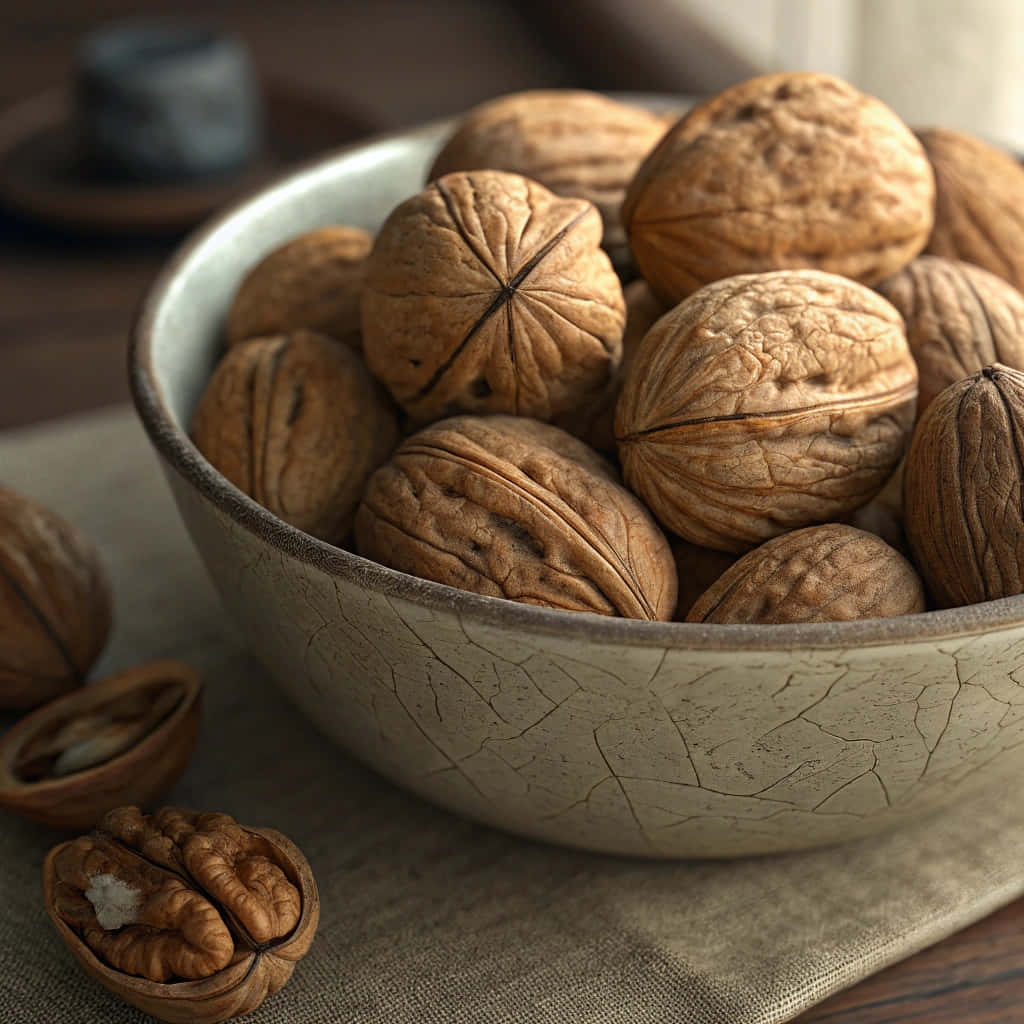 ceramic bowl, textured brown walnuts, linen cloth, SD Desktop Wallpaper