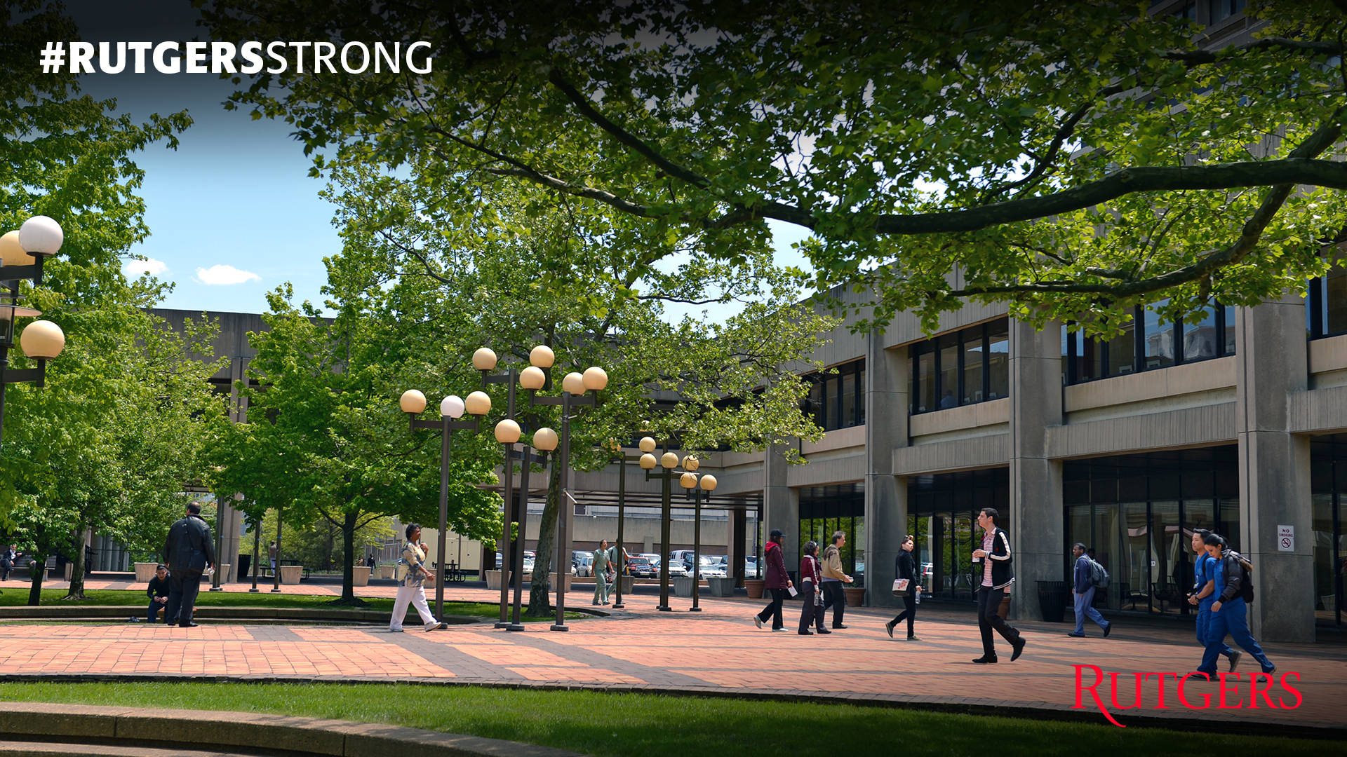 Rutgers, brick walkway, modern university building, Full HD Desktop Wallpaper