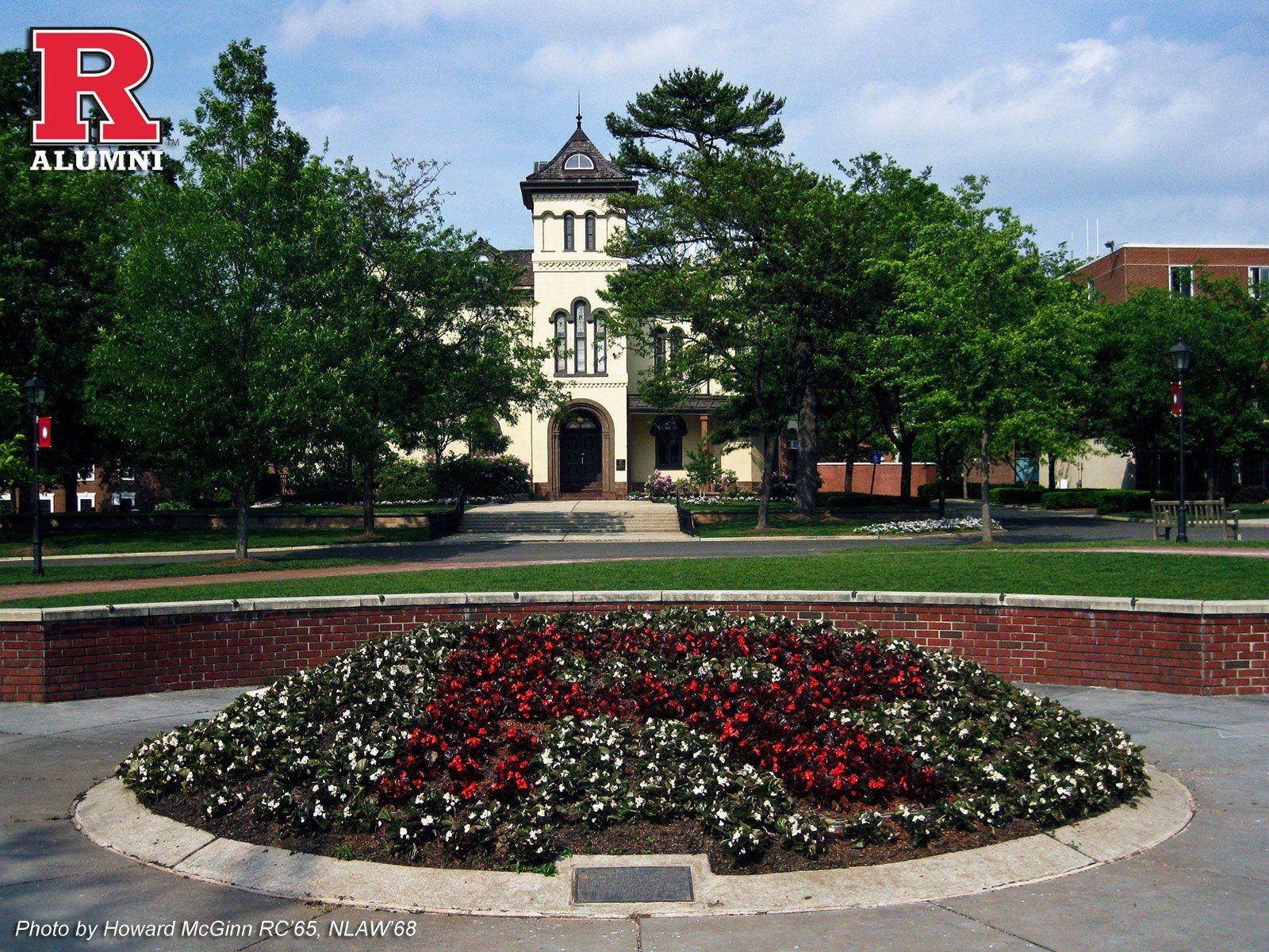Rutgers, flowerbed, beige university building, HD Desktop Wallpaper