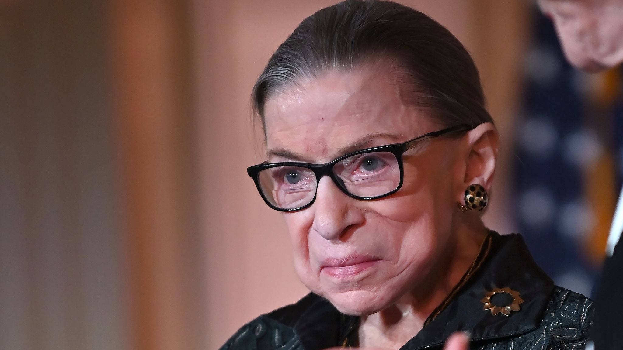 Ruth Bader Ginsburg, black-rimmed glasses, dark patterned jacket, Full HD Desktop Wallpaper