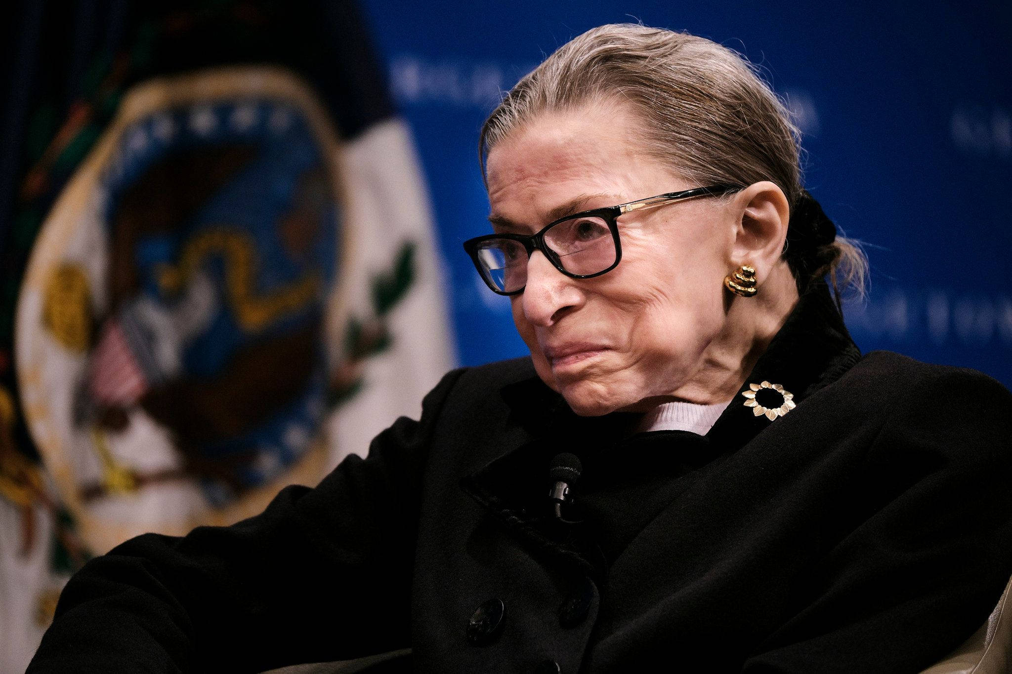 Ruth Bader Ginsburg, all black coat, glasses, Full HD Desktop Wallpaper