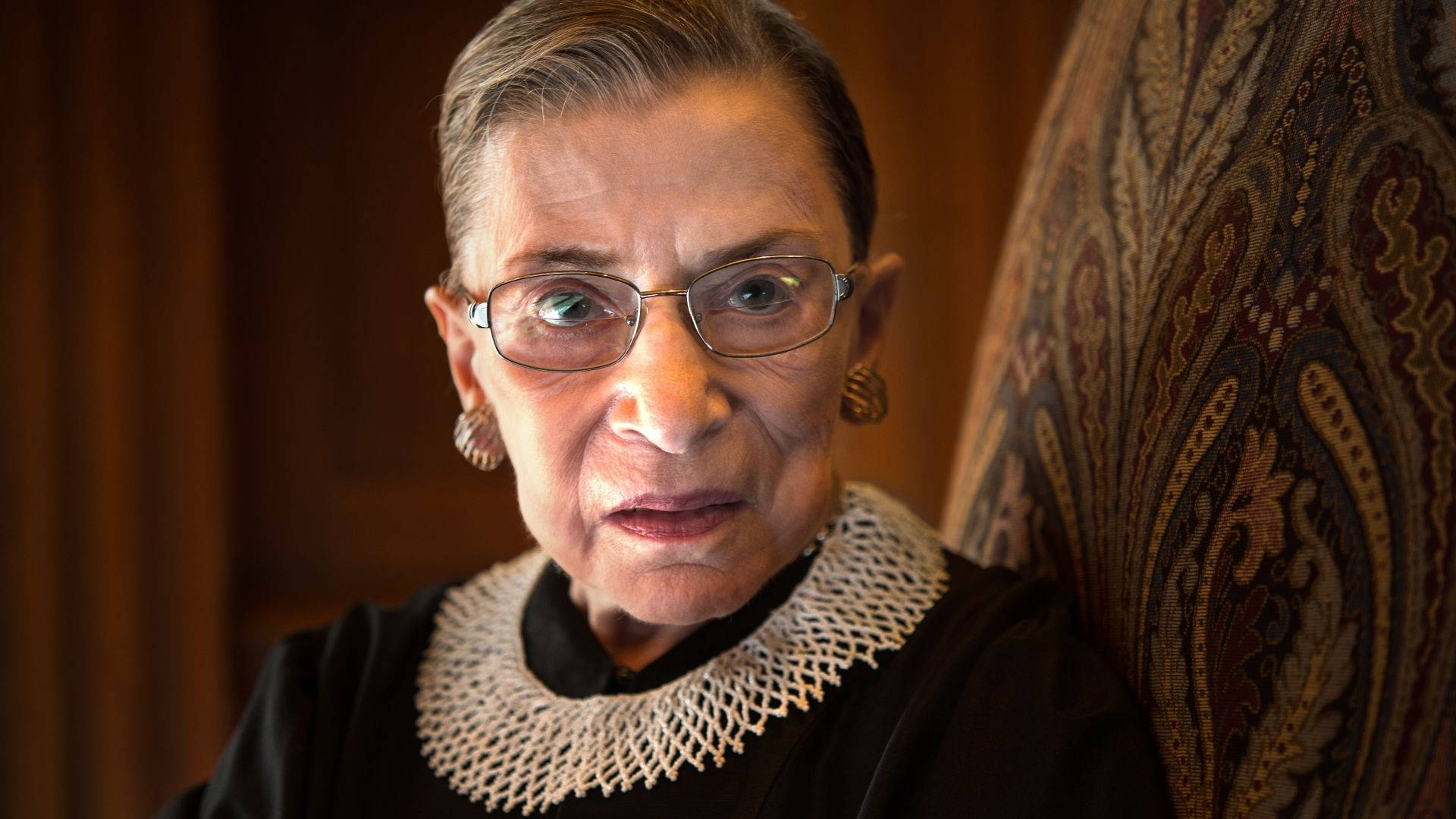 Ruth Bader Ginsburg, black robe, lace collar, Full HD Desktop Wallpaper
