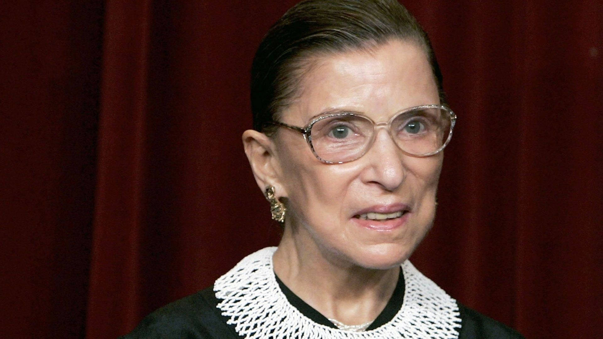 Ruth Bader Ginsburg, judicial robe, deep red curtain, Full HD Desktop Wallpaper
