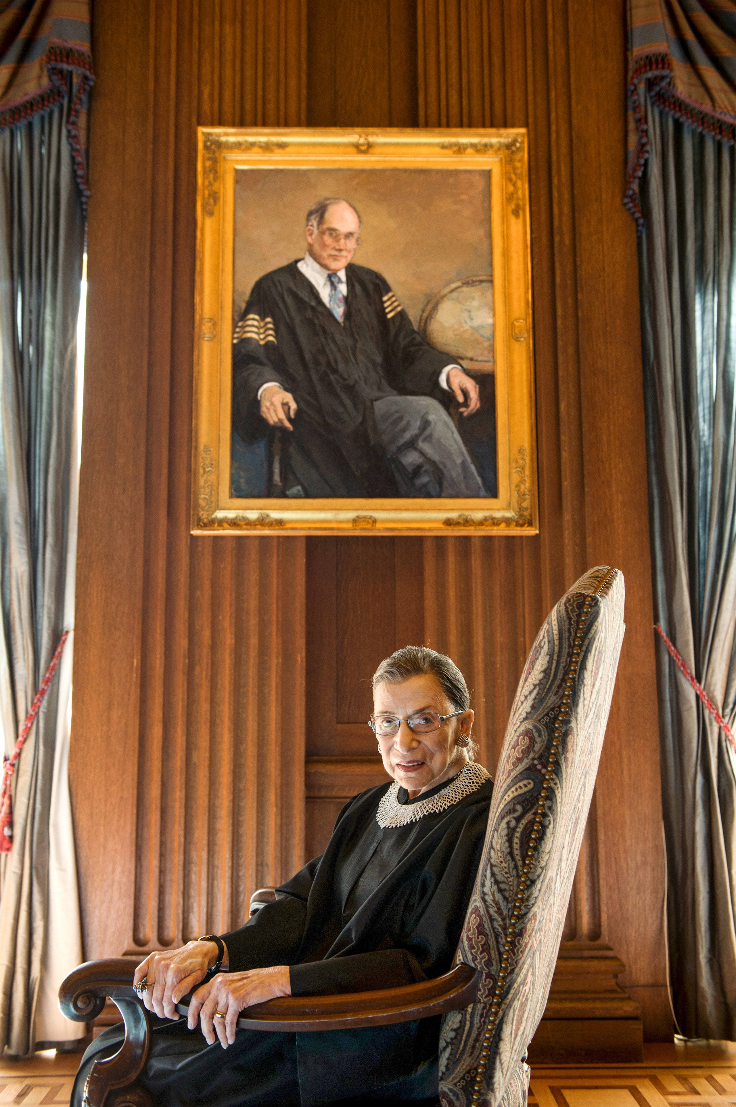 Ruth Bader Ginsburg, portrait of herself in judicial robes, wooden chair, 4K Phone Wallpaper