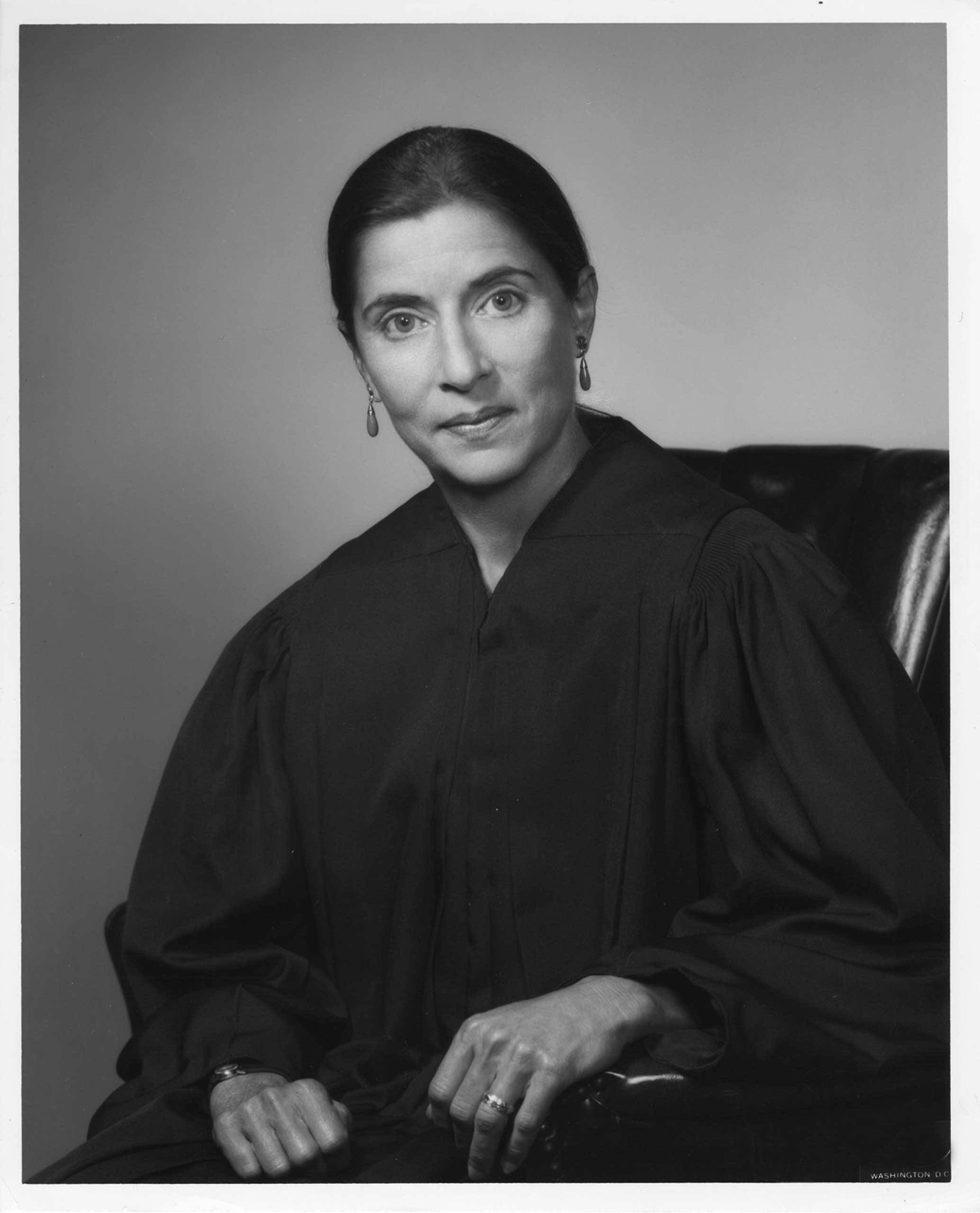 Ruth Bader Ginsburg, judicial robe, black and white portrait, 2K Phone Wallpaper
