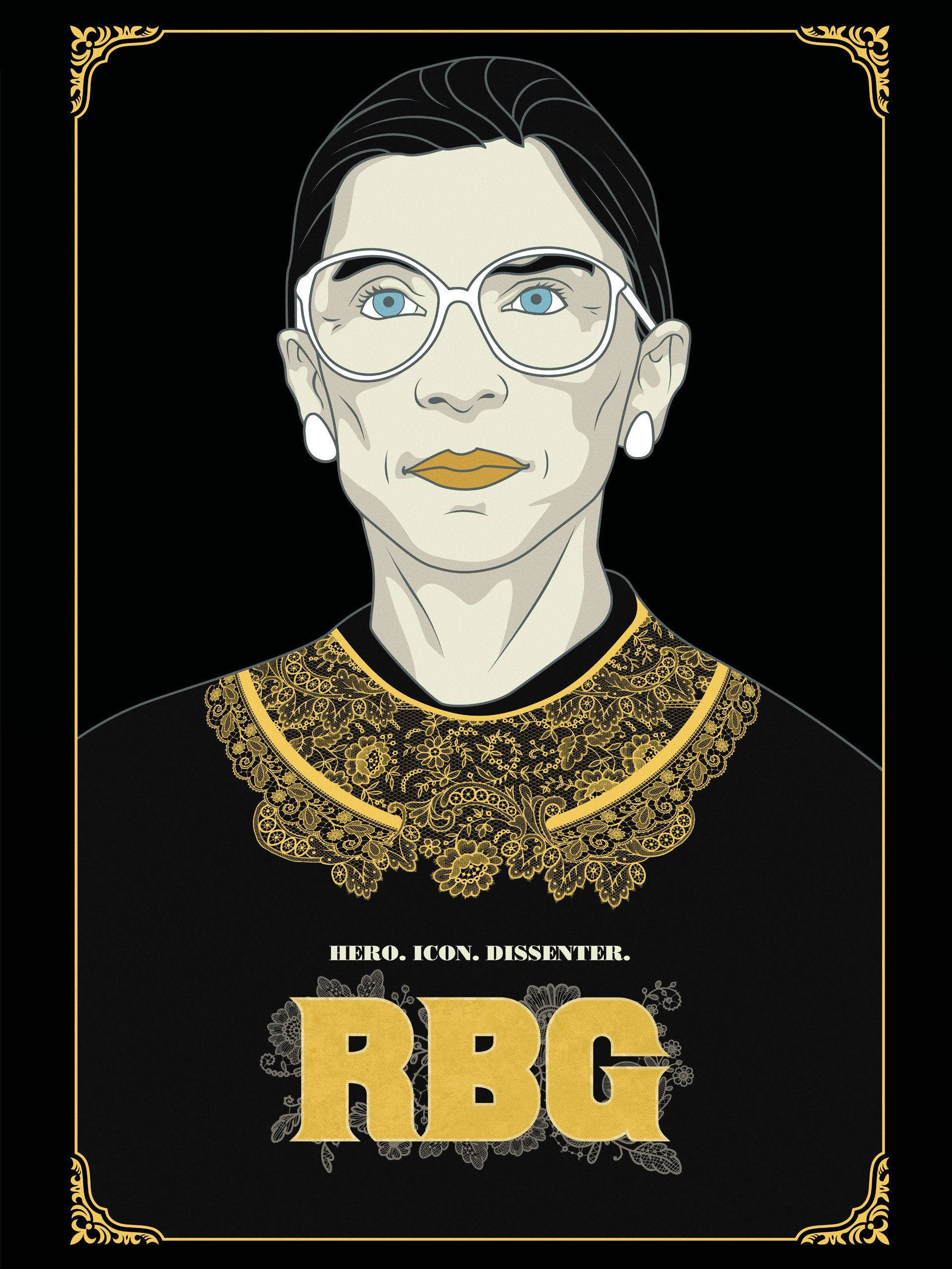 Ruth Bader Ginsburg, gold lace collar, bold text, 2K Phone Wallpaper