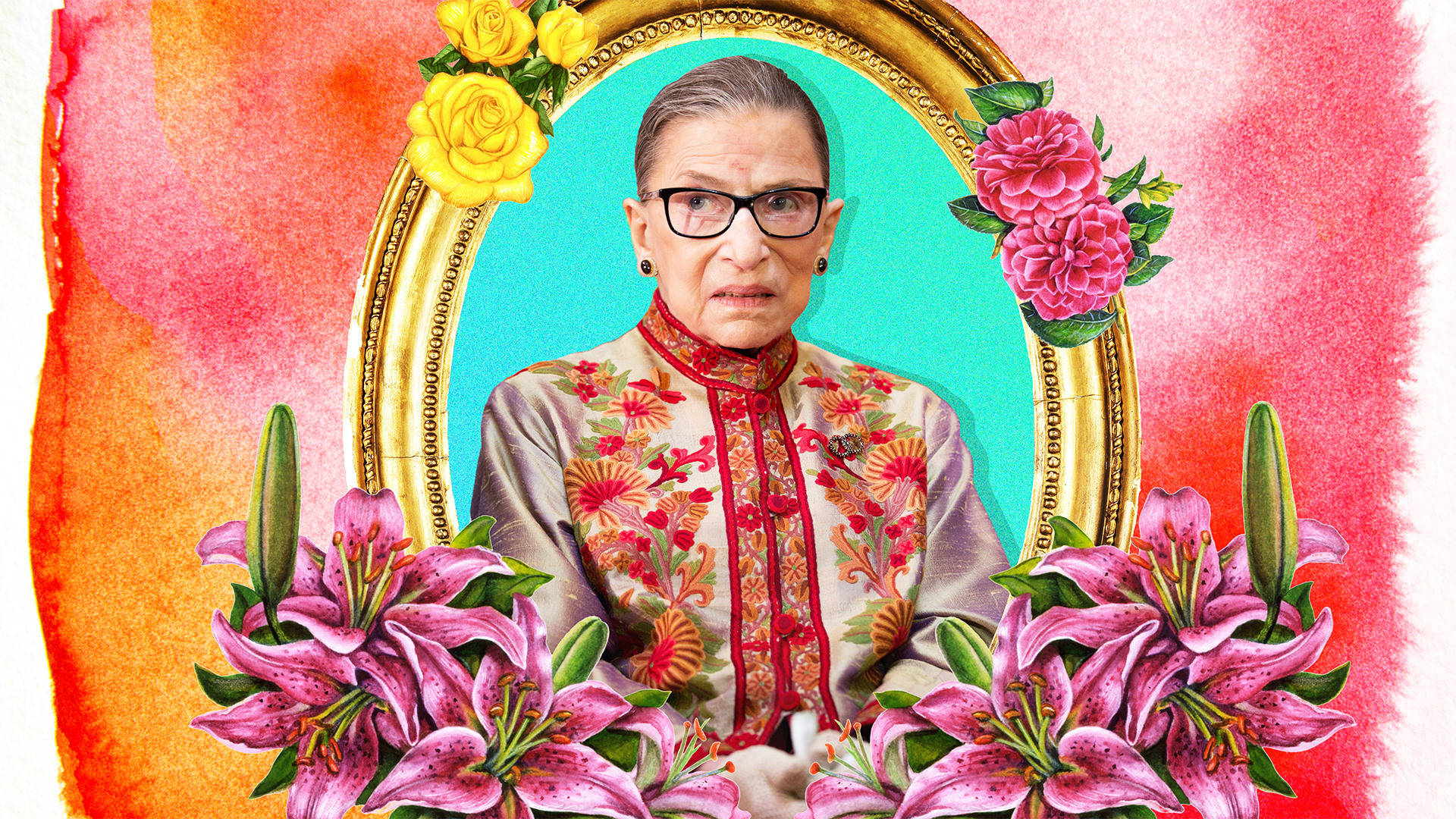Ruth Bader Ginsburg, gold frame, pink lilies, Full HD Desktop Wallpaper