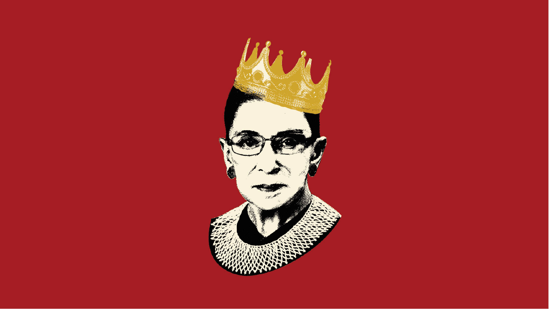 Ruth Bader Ginsburg, golden crown, bold red background, Full HD Desktop Wallpaper