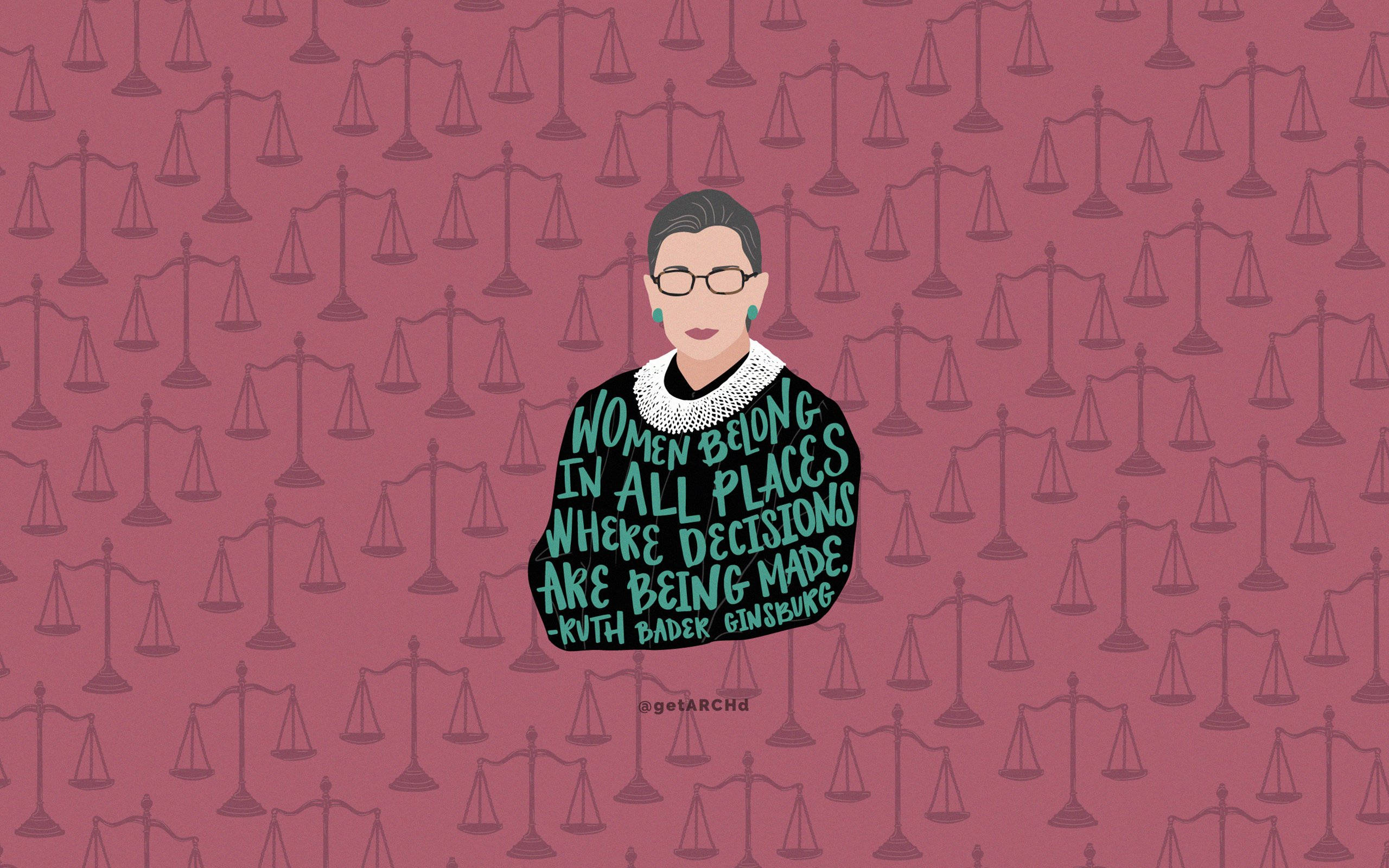 Ruth Bader Ginsburg, scales of justice, mauve background, 2K Desktop Wallpaper
