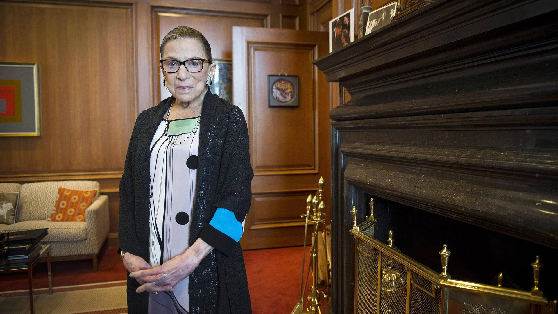 Ruth Bader Ginsburg, white green dress, wood-paneled room, Full HD Desktop Wallpaper