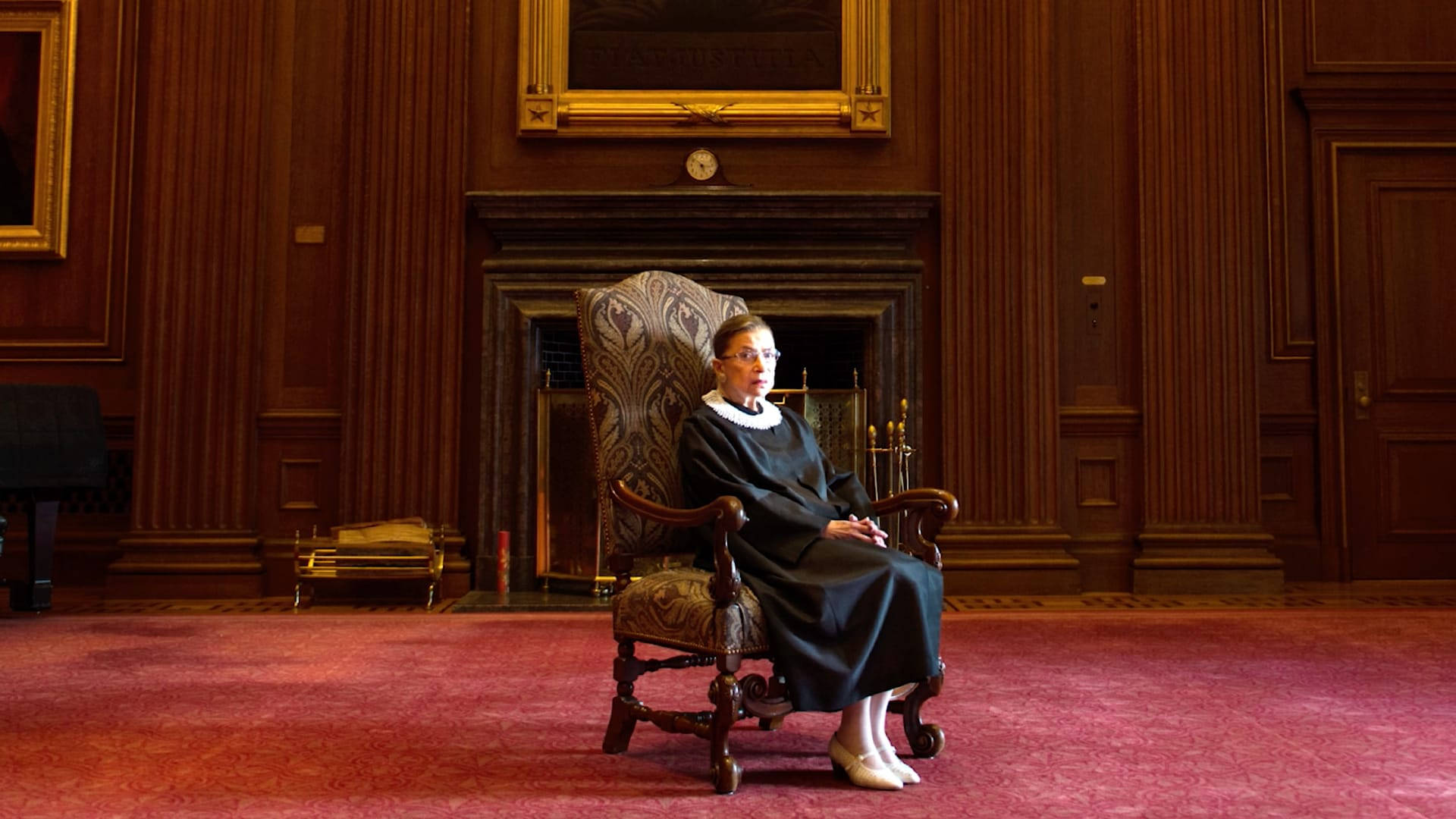 Ruth Bader Ginsburg, red carpet, wood-paneled courtroom, Full HD Desktop Wallpaper