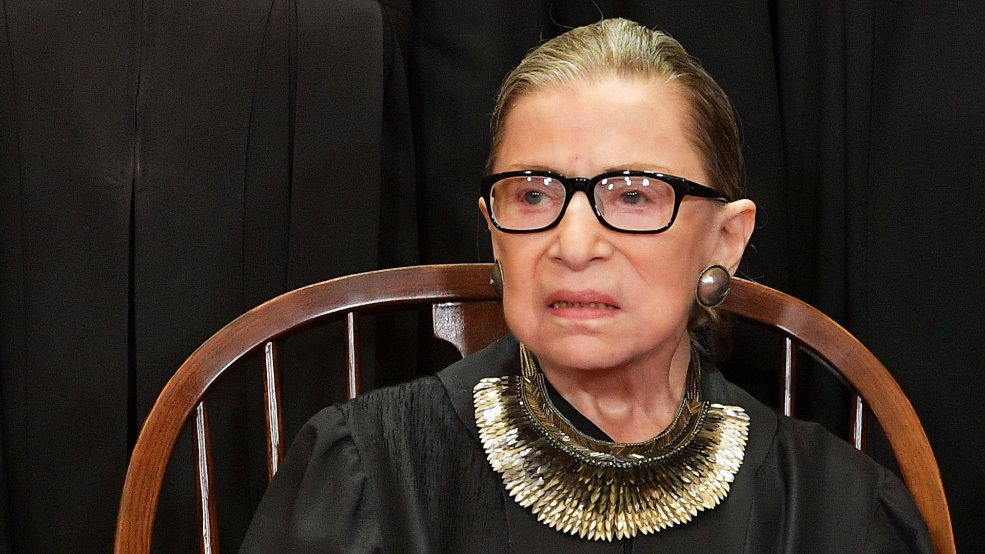 Ruth Bader Ginsburg, judicial robe, gold collar necklace, Full HD Desktop Wallpaper