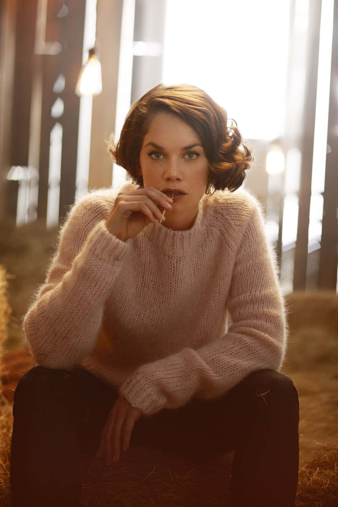 Ruth Wilson, soft pink knit sweater, hay bales, Full HD Phone Wallpaper