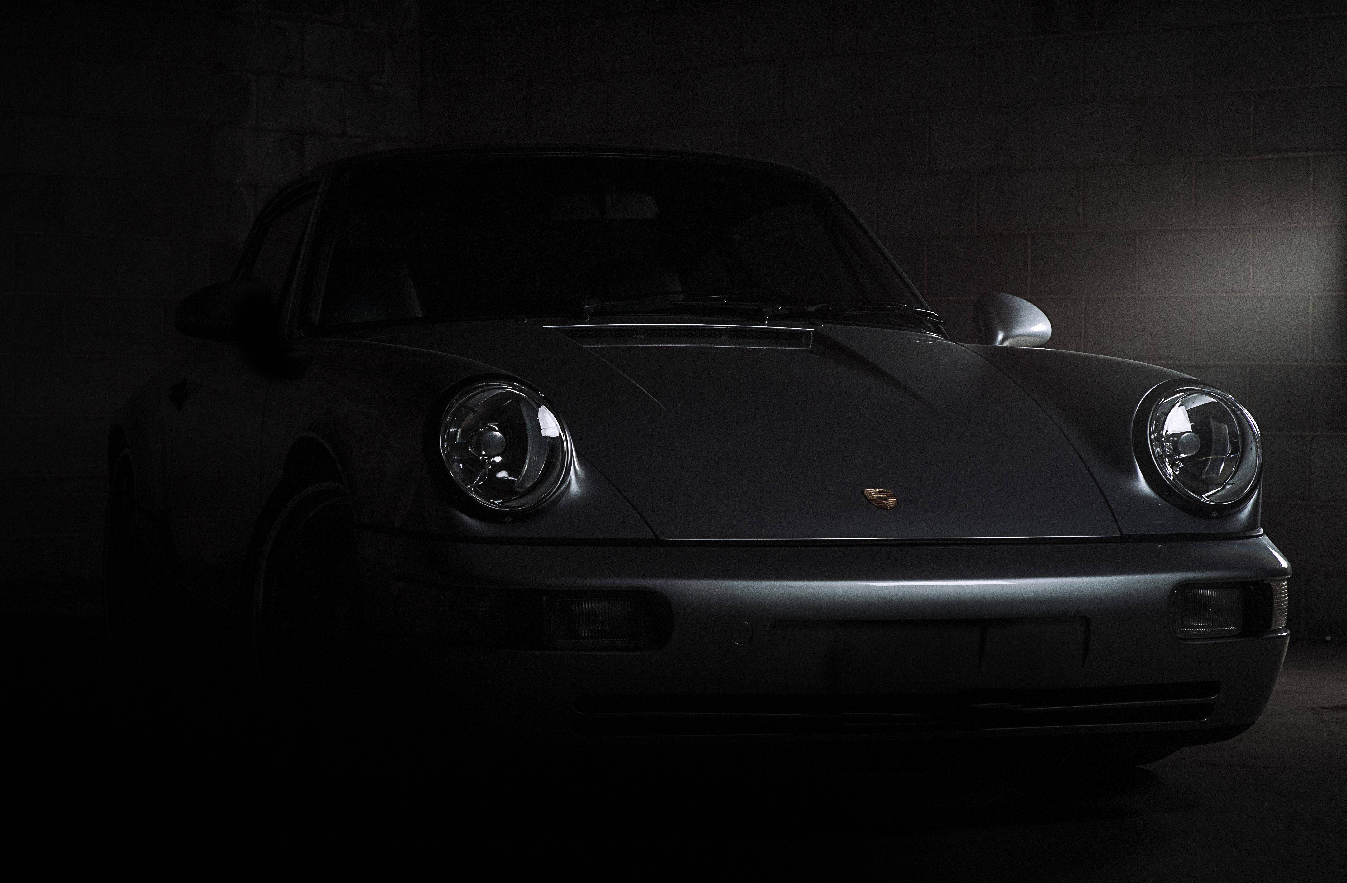 Porsche 911, matte black, dark concrete garage, 4K Desktop Wallpaper