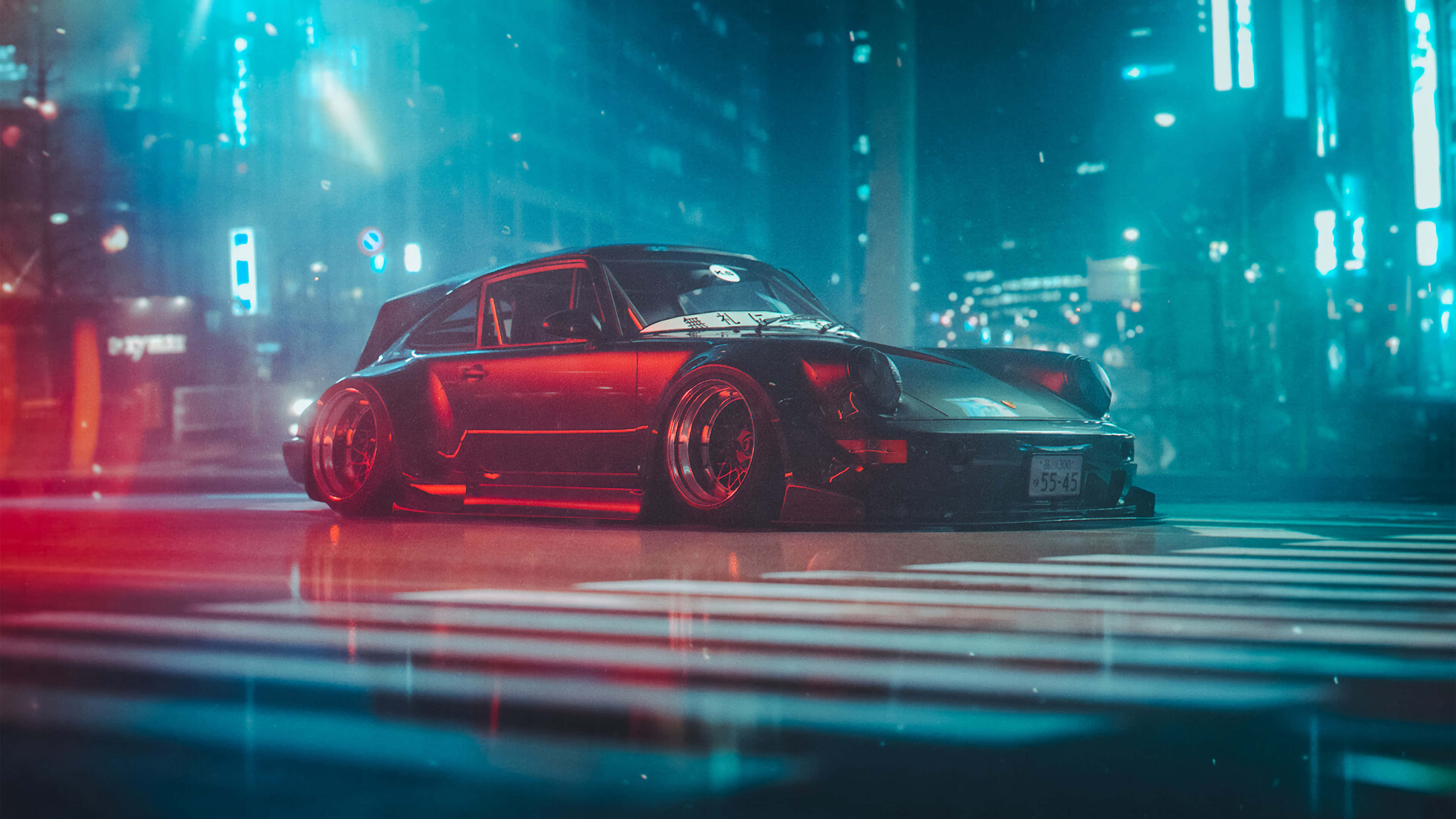 RWB Porsche, Porsche 911, neon lights, 4K Desktop Wallpaper