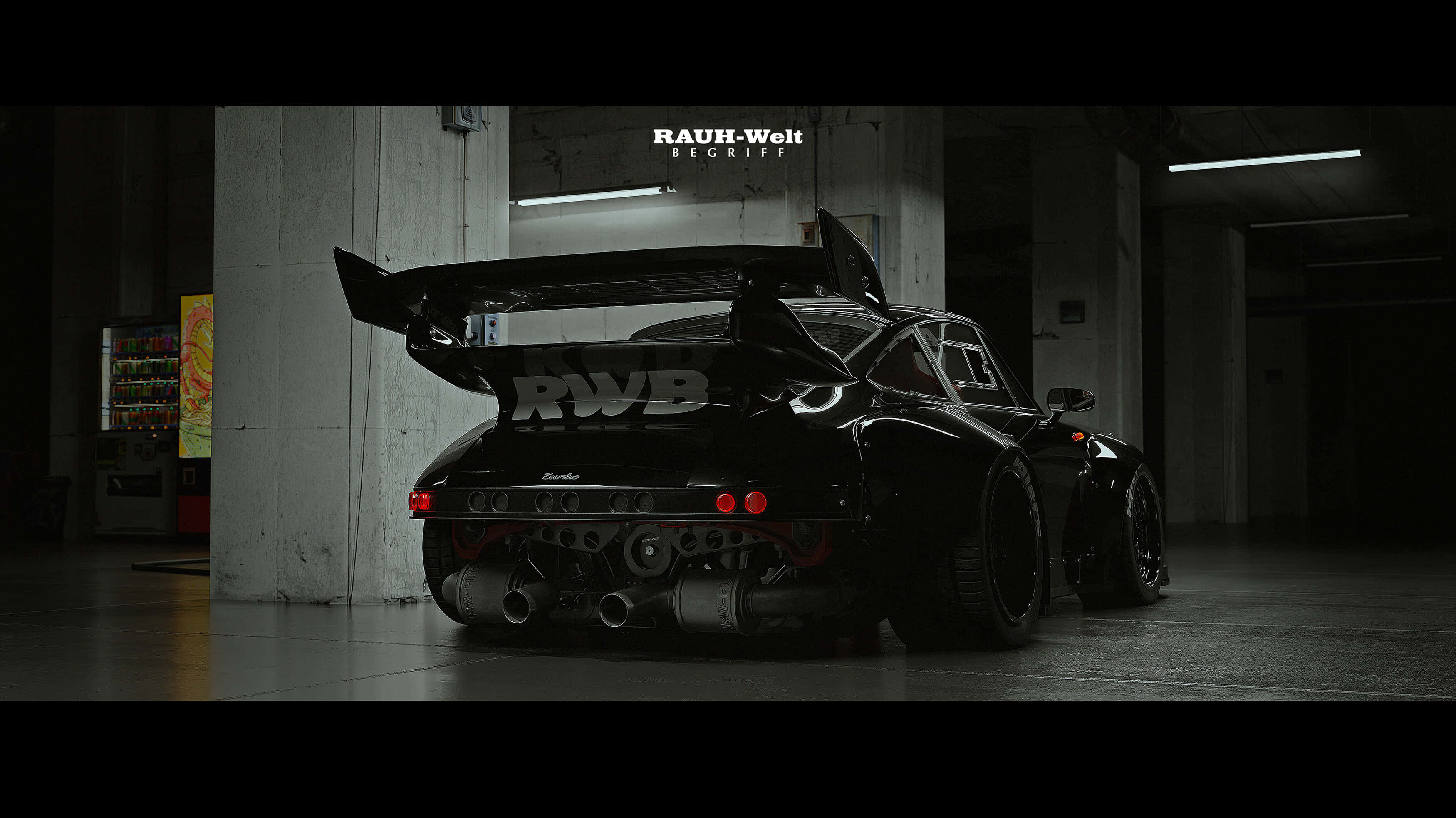 RWB Porsche 911, massive wing, quad exhaust, 2K Desktop Wallpaper