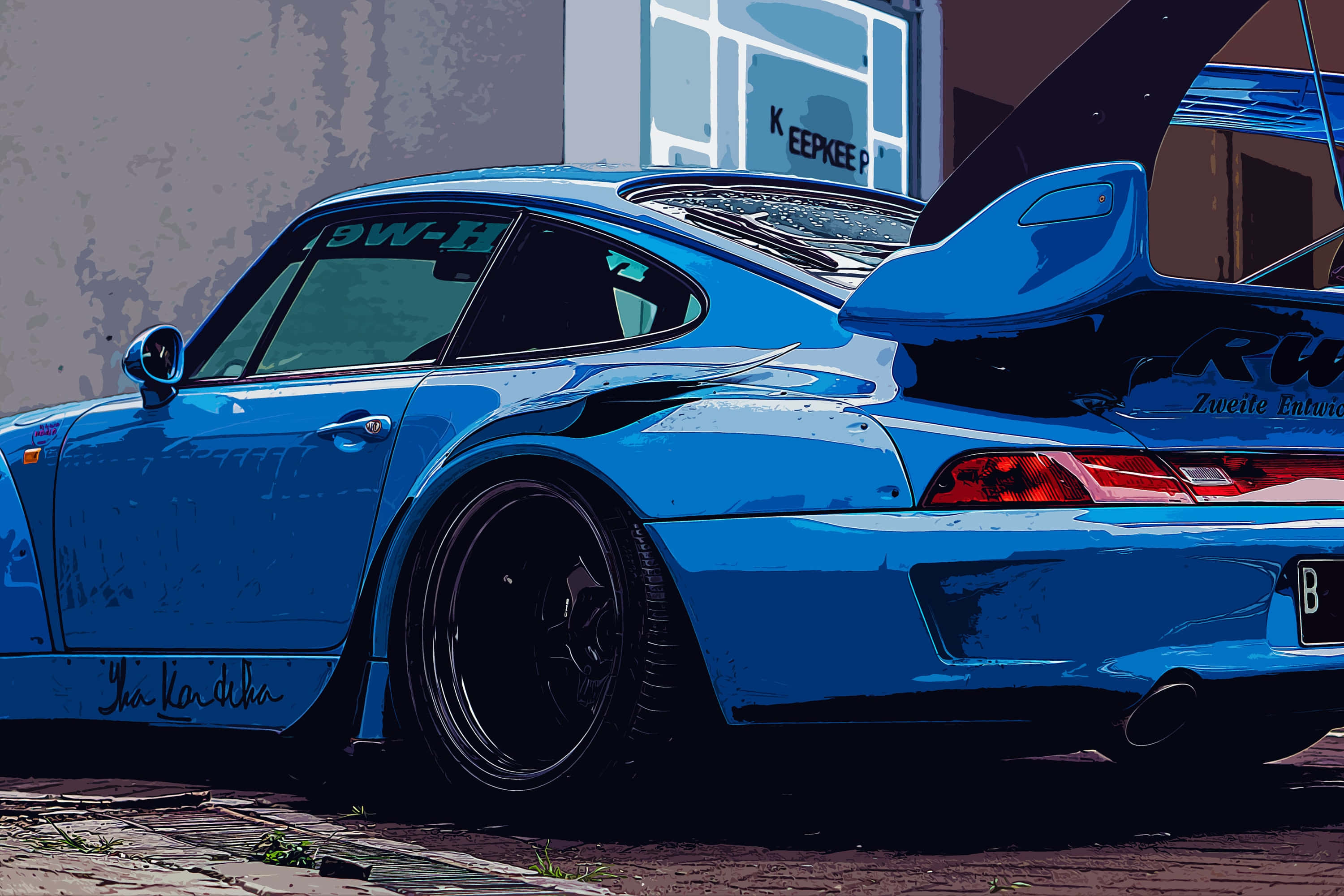 RWB Porsche 911, vibrant blue, large rear wing, 2K Desktop Wallpaper