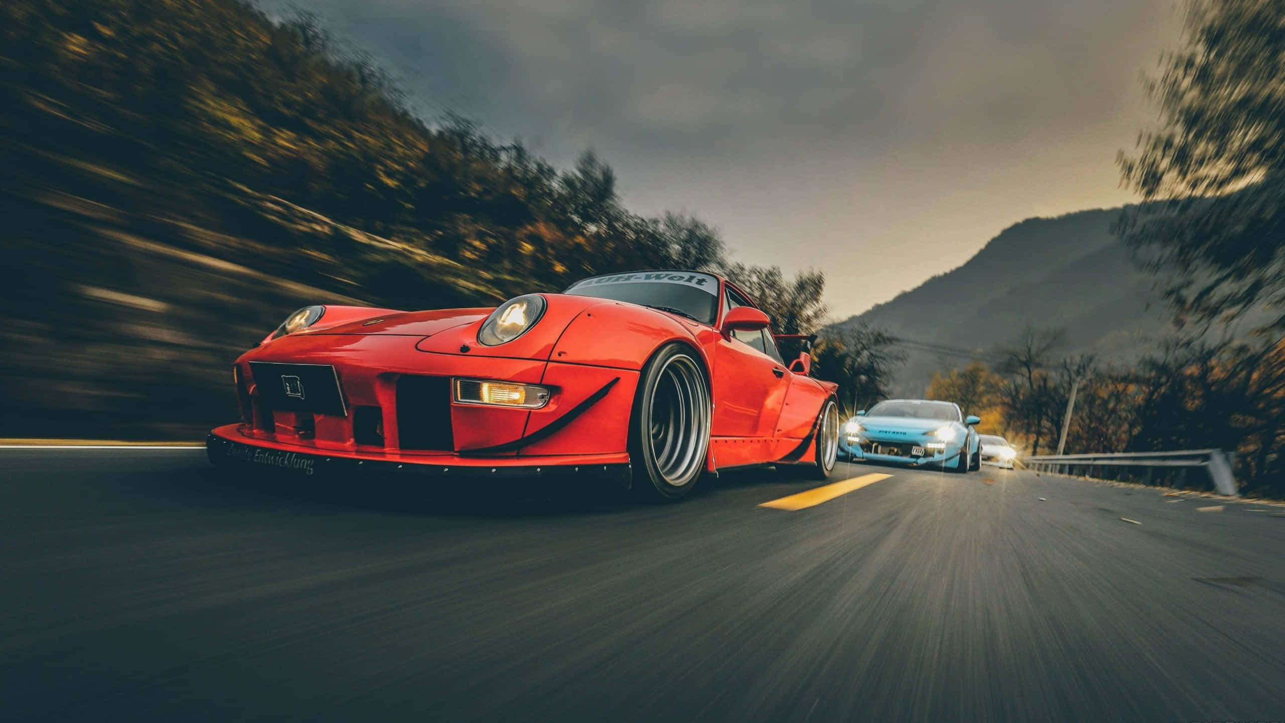 Red R W B Porsche, Porsche 911, winding mountain road, 2K Desktop Wallpaper