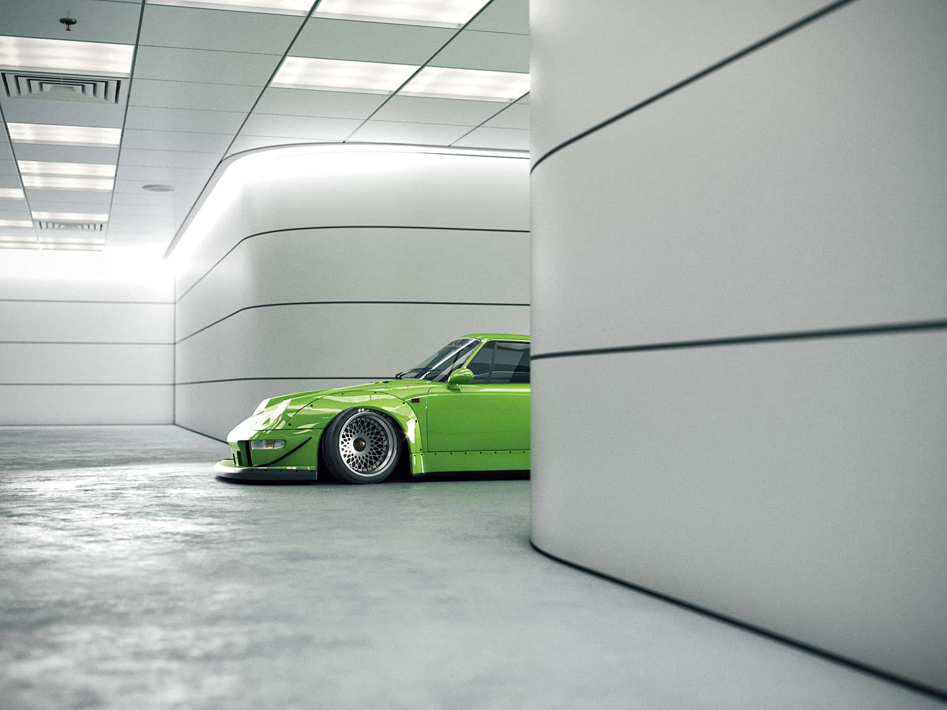 Green R W B Porsche, Porsche 911, minimalist white concrete garage, Full HD Desktop Wallpaper