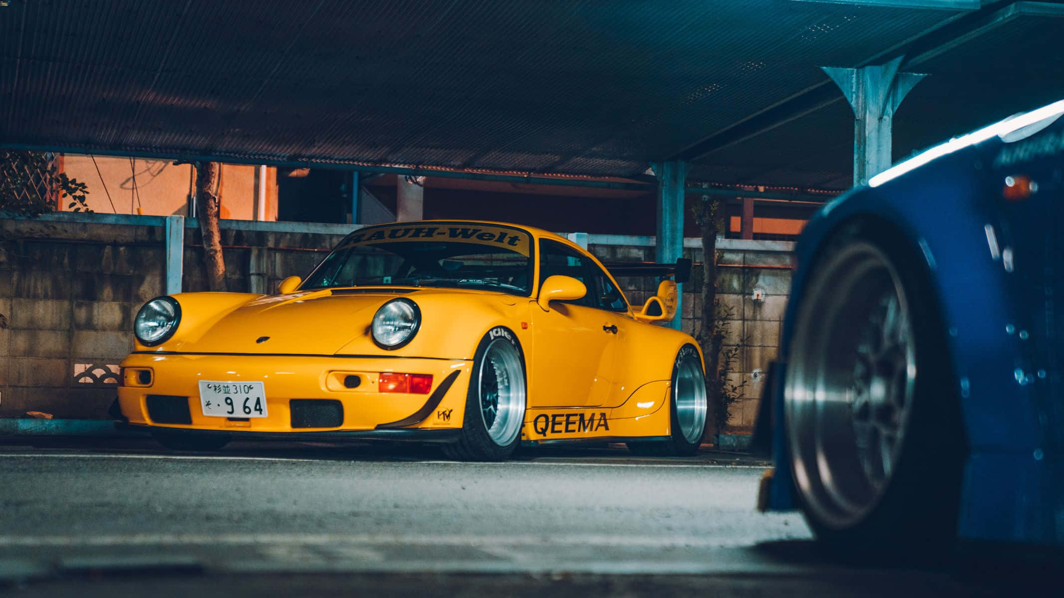 Yellow R W B Porsche, Porsche 911, night scene, Full HD Desktop Wallpaper