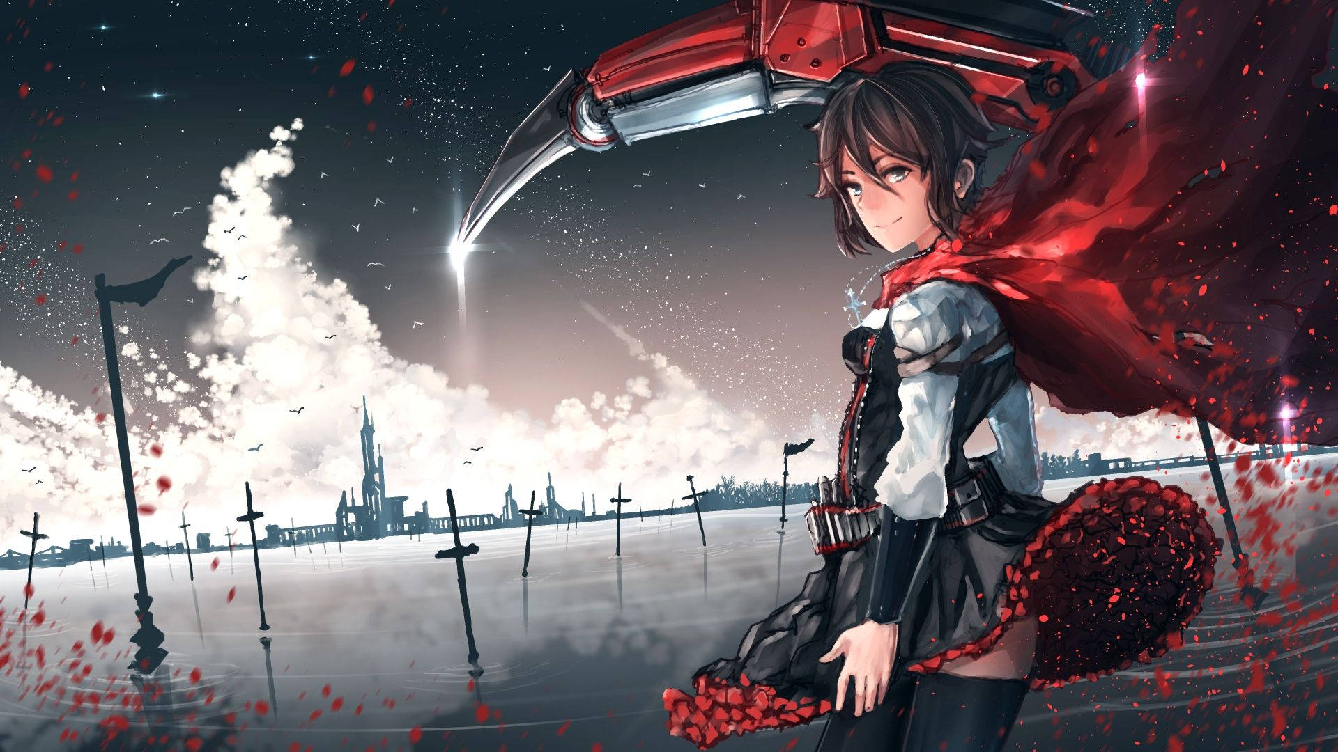 Rwby, red cape, flooded graveyard, Full HD Desktop Wallpaper