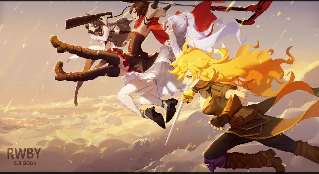 Team RWBY, golden sky, floating debris, HD Desktop Wallpaper