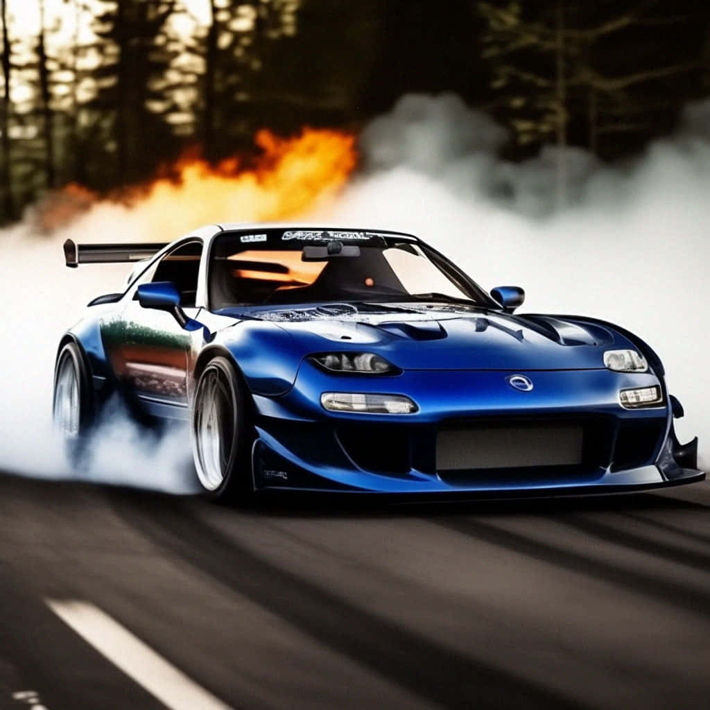 blue Mazda RX-7, drifting, flames, SD Desktop Wallpaper