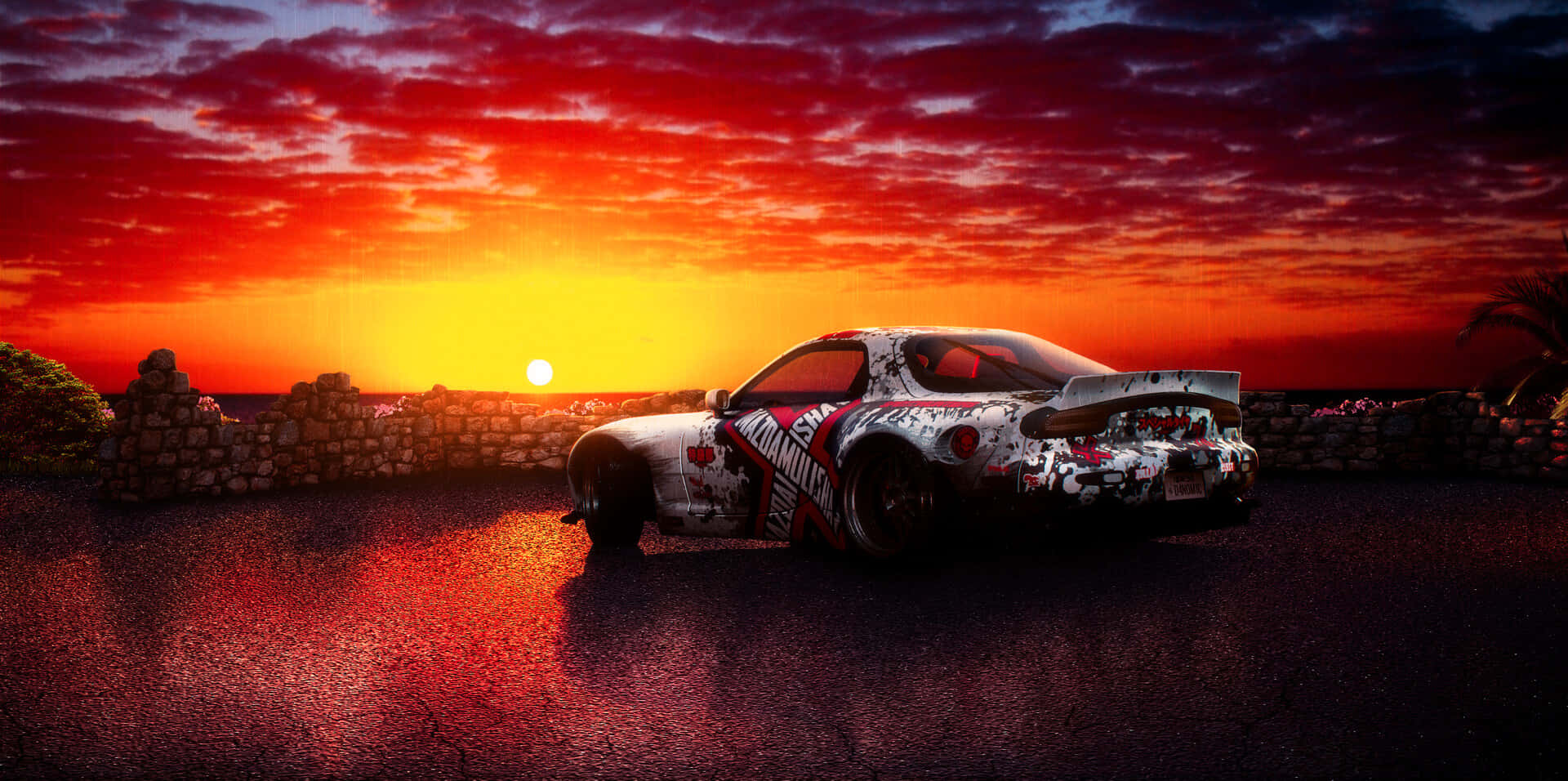 Sunset Drift Rx7, fiery sunset sky, wet pavement, Full HD Desktop Wallpaper