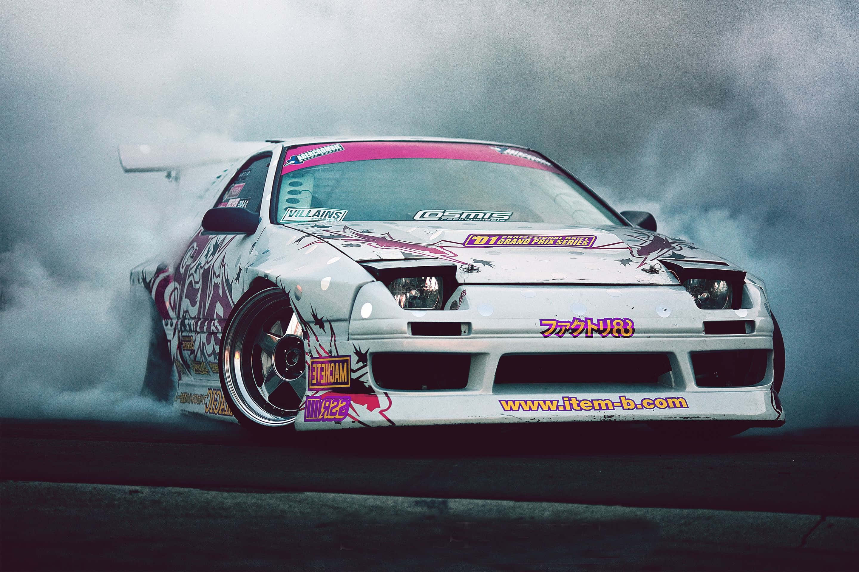 RX7 FC, white drift car, pink and purple graphics, 2K Desktop Wallpaper