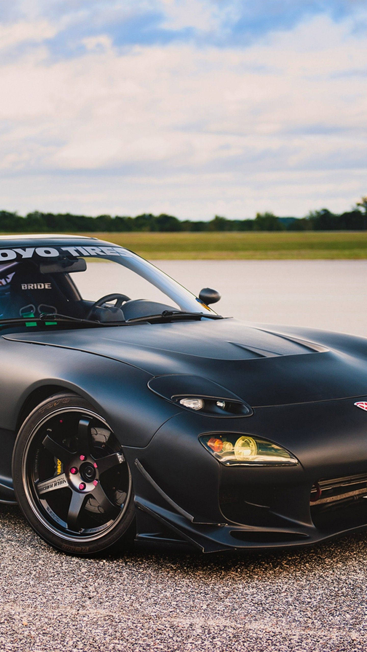 Rx7 iPhone, matte black, modified sports car, 2K Phone Wallpaper