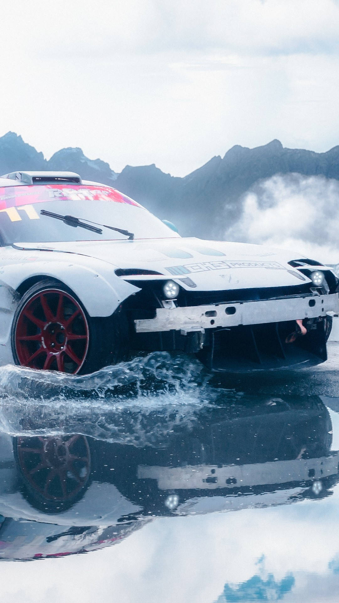white rally car, red wheels, icy water, Full HD Phone Wallpaper