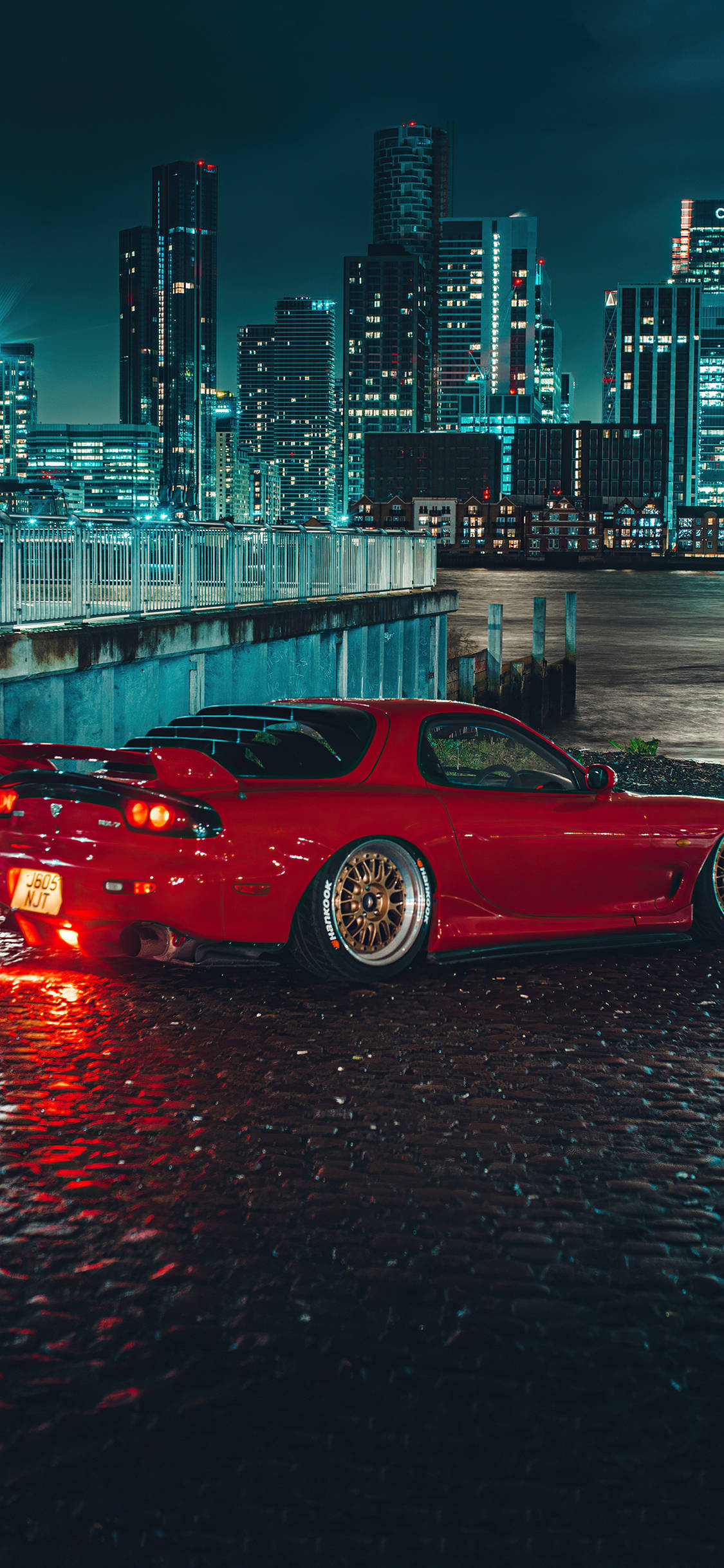 Rx7 iPhone, red sports car, wet cobblestone pier, Full HD Phone Wallpaper