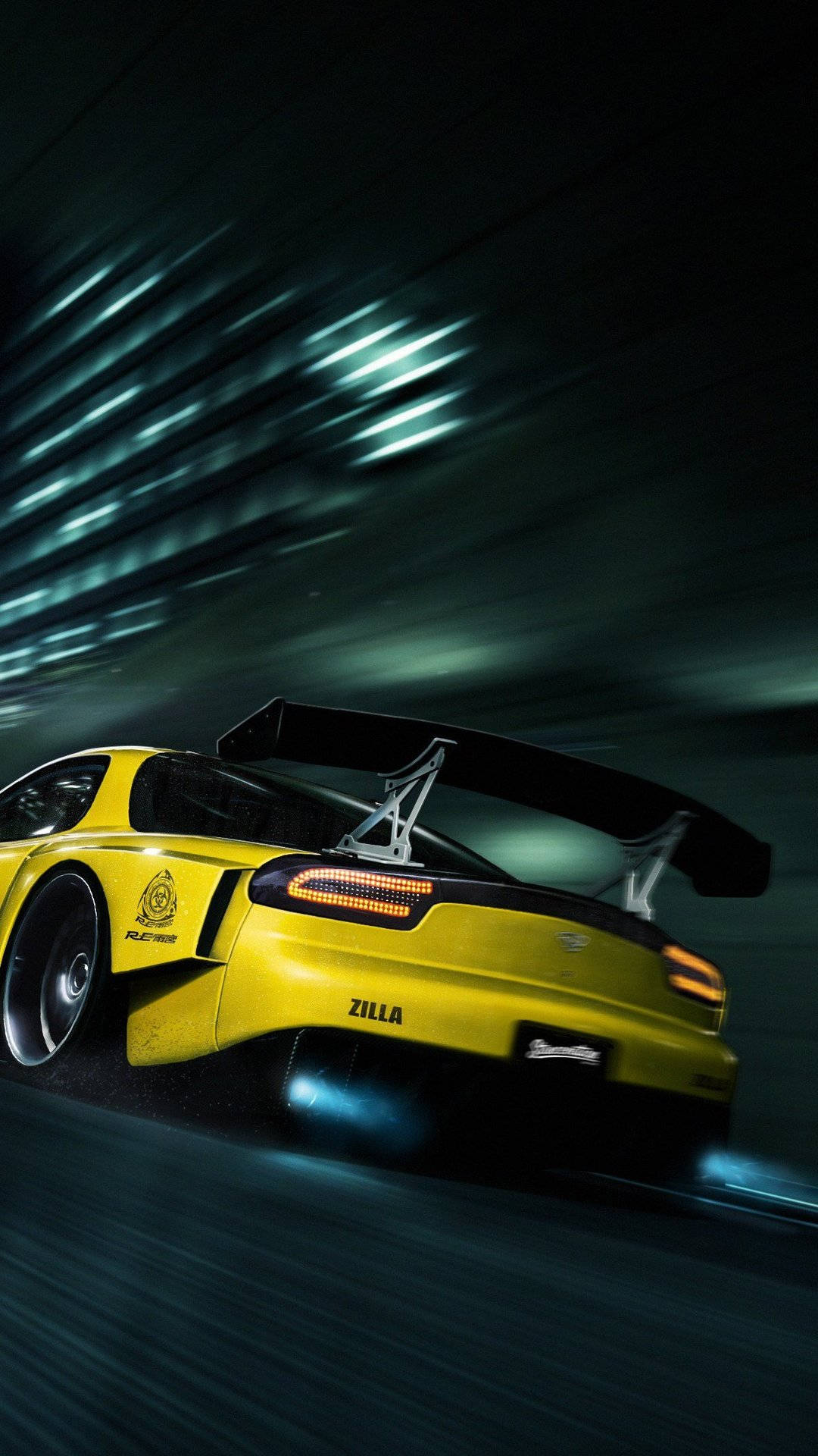 Rx7 iPhone, yellow sports car, dark street, Full HD Phone Wallpaper