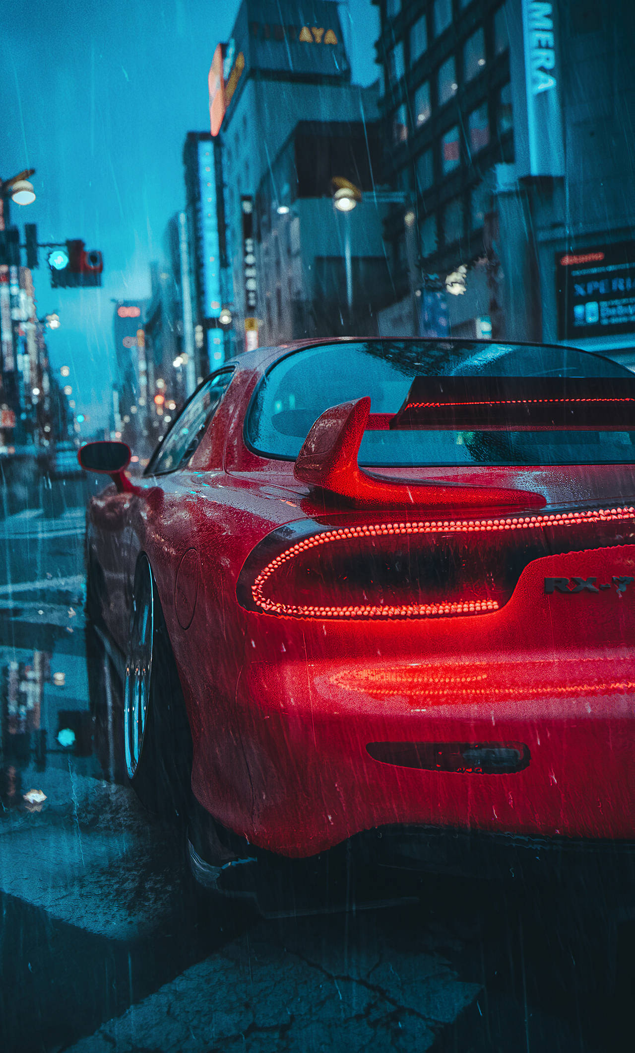 Rx7 iPhone, red sports car, neon-lit city street, Full HD Phone Wallpaper