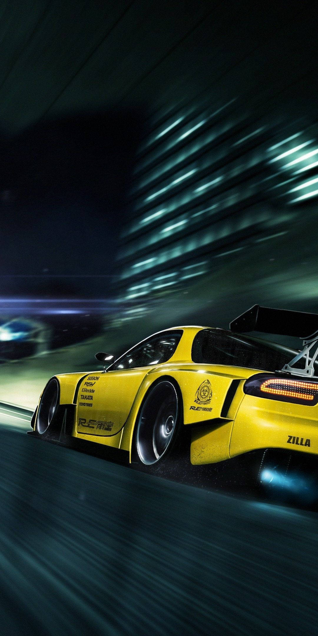Rx7 iPhone, yellow sports car, dark street, Full HD Phone Wallpaper