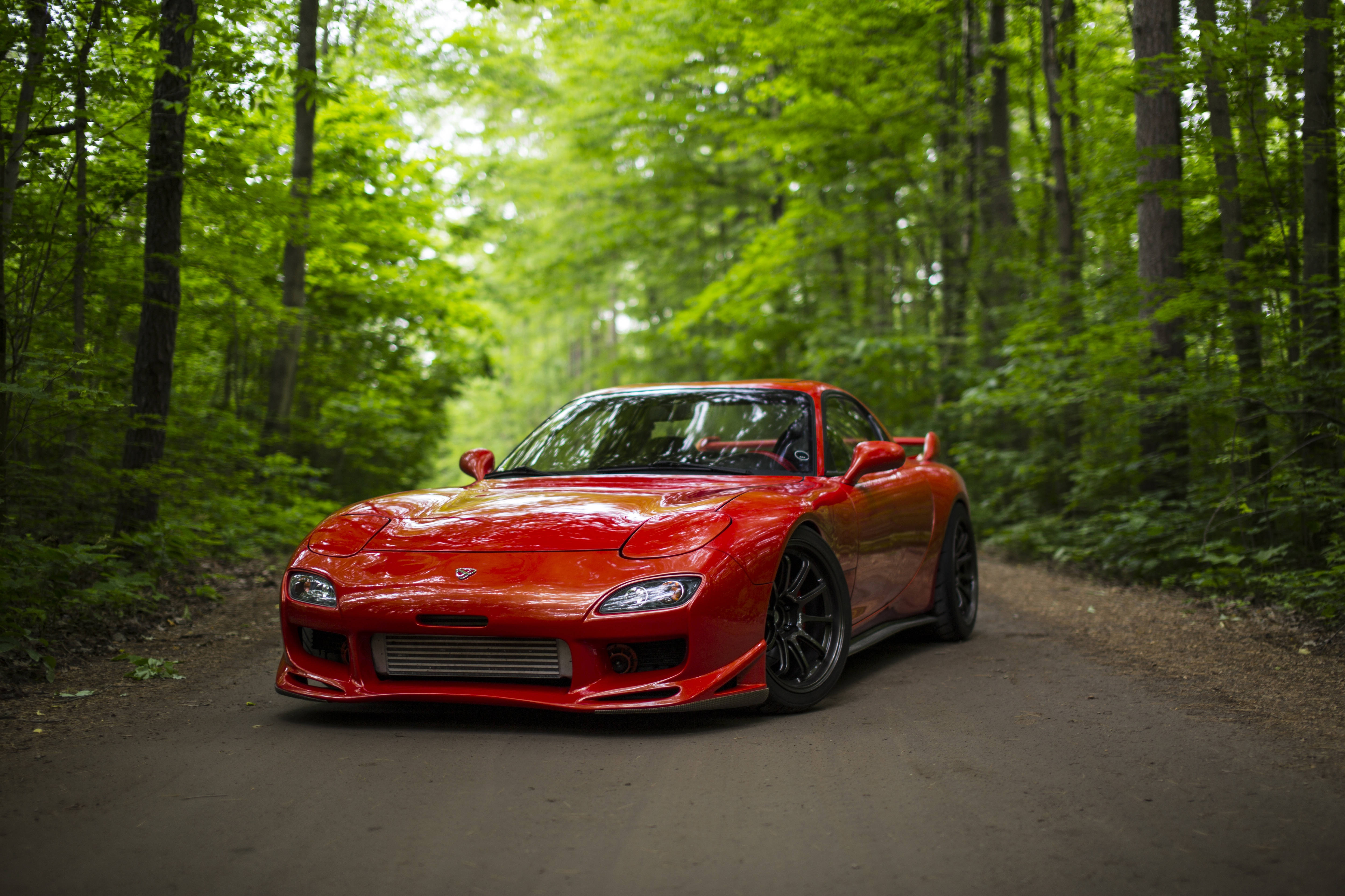 Red RX7, woods, forest road, 5K Desktop Wallpaper