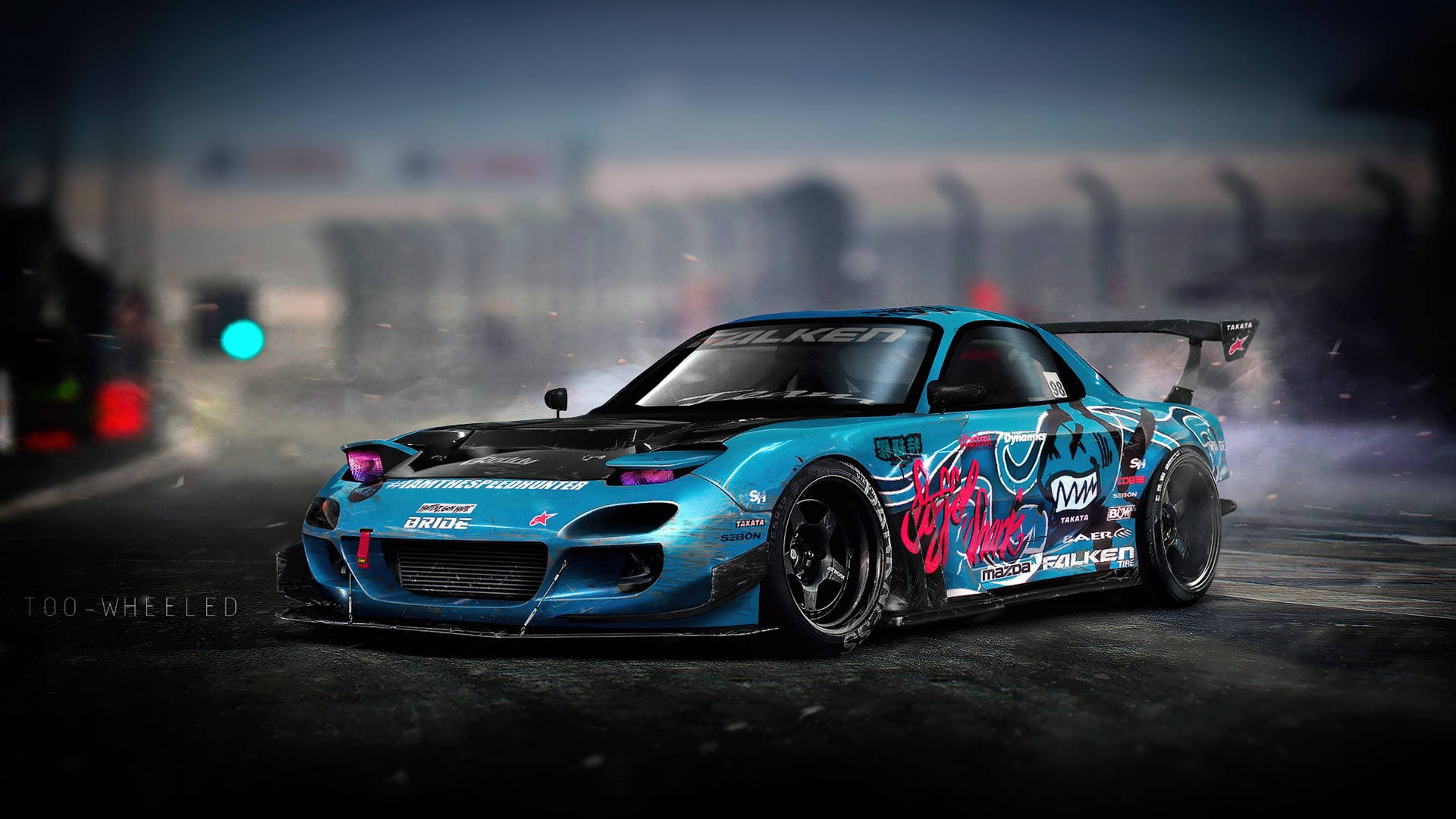 Blue RX7, drift car, graffiti-style decals, Full HD Desktop Wallpaper