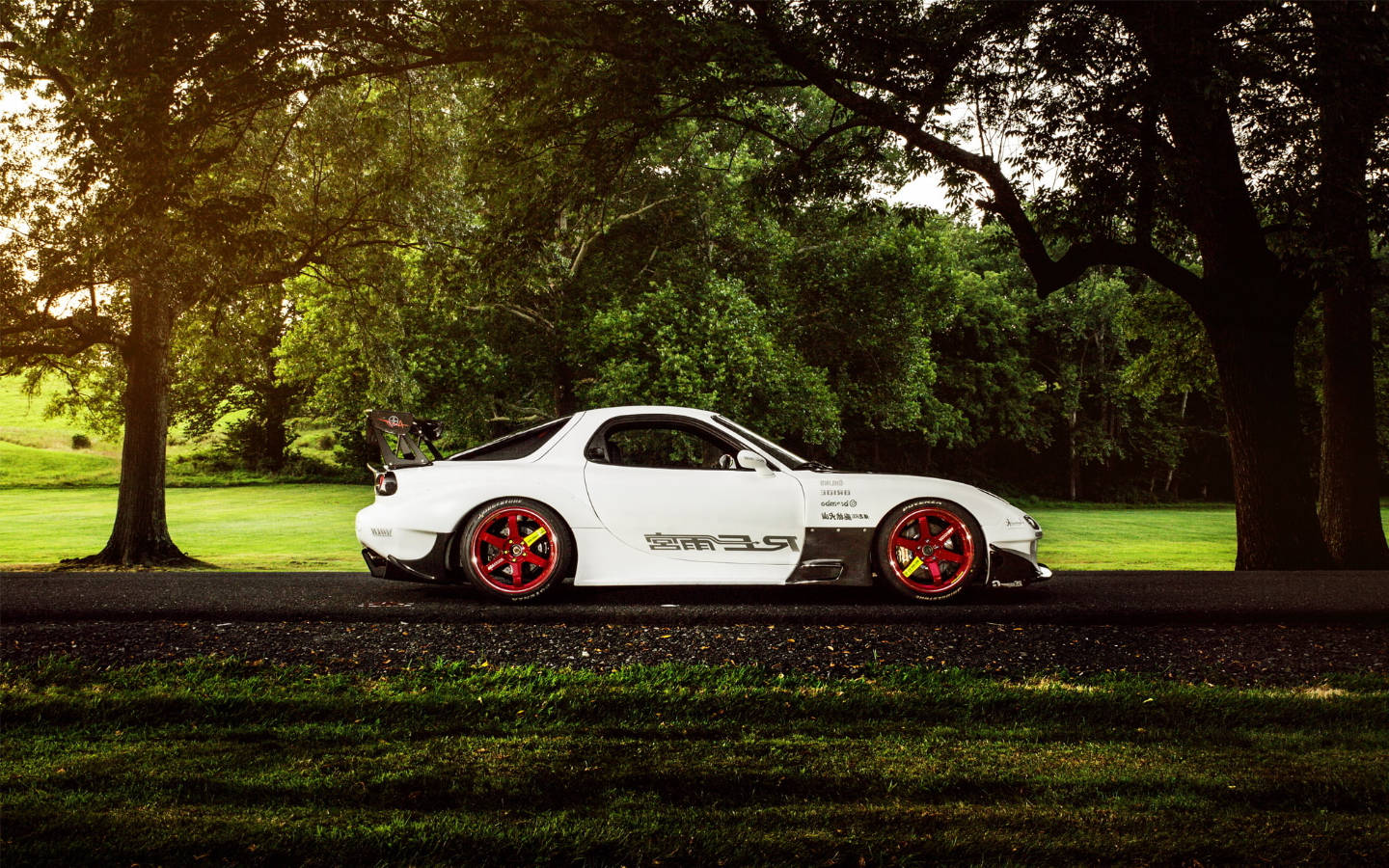 white RX7, red wheels, forest, HD Desktop Wallpaper
